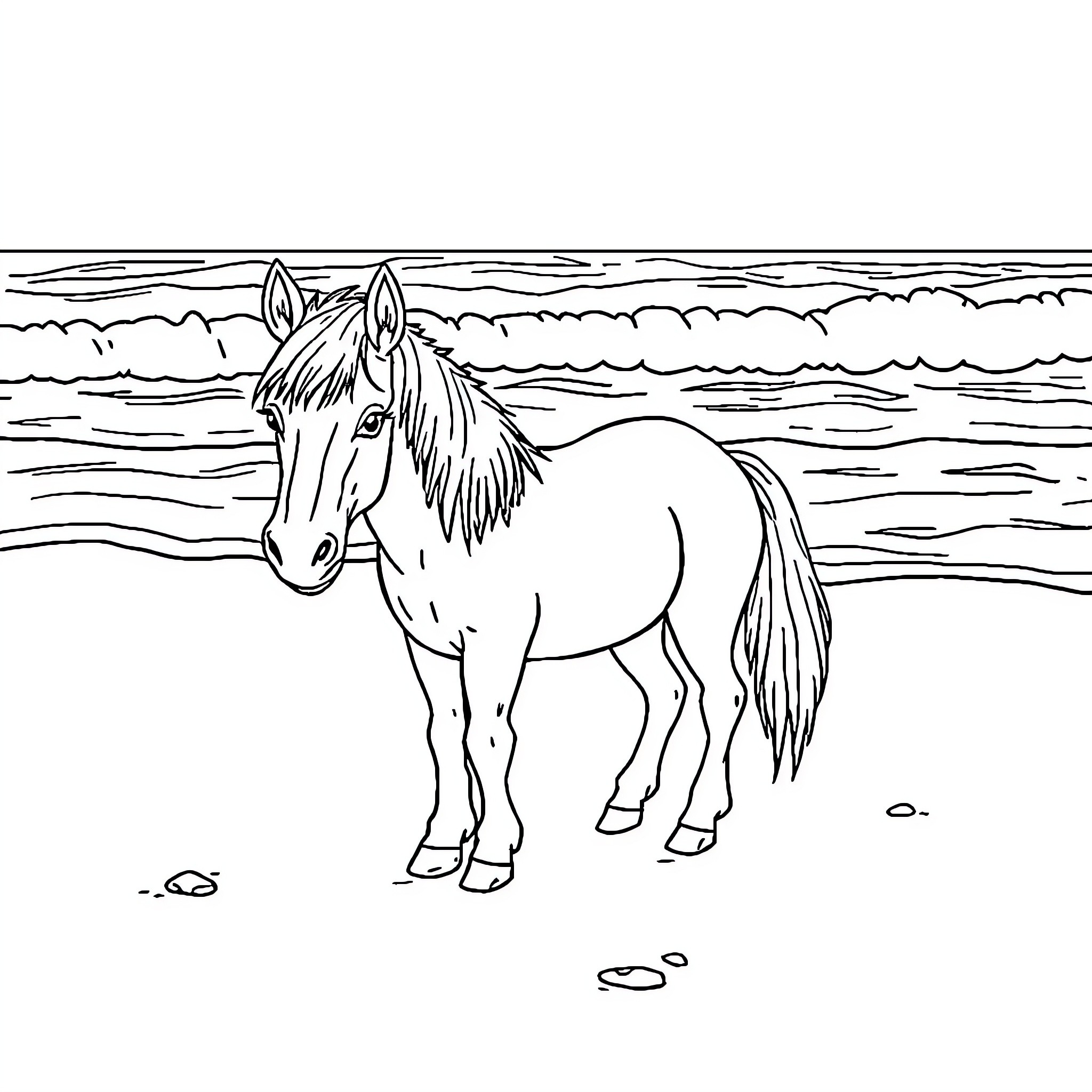 Pony standing calmly by the seashore Coloring Page (free black-and-white line drawing printable PDF for all, from beginners to advanced learners, including children, teens, adults, and seniors)