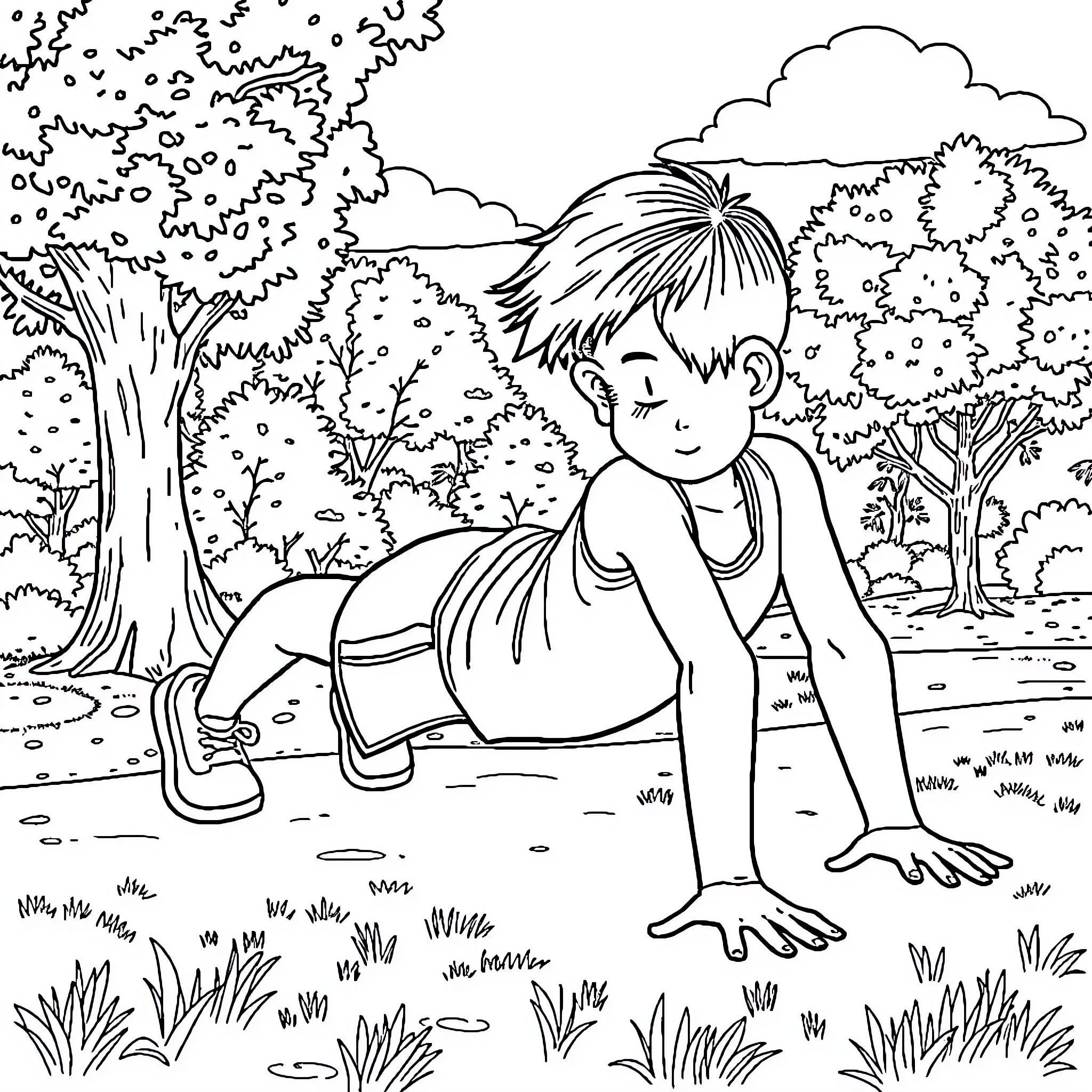 Boy observing nature in the forest Coloring Page (free black-and-white line drawing printable PDF for all, from beginners to advanced learners, including children, teens, adults, and seniors)
