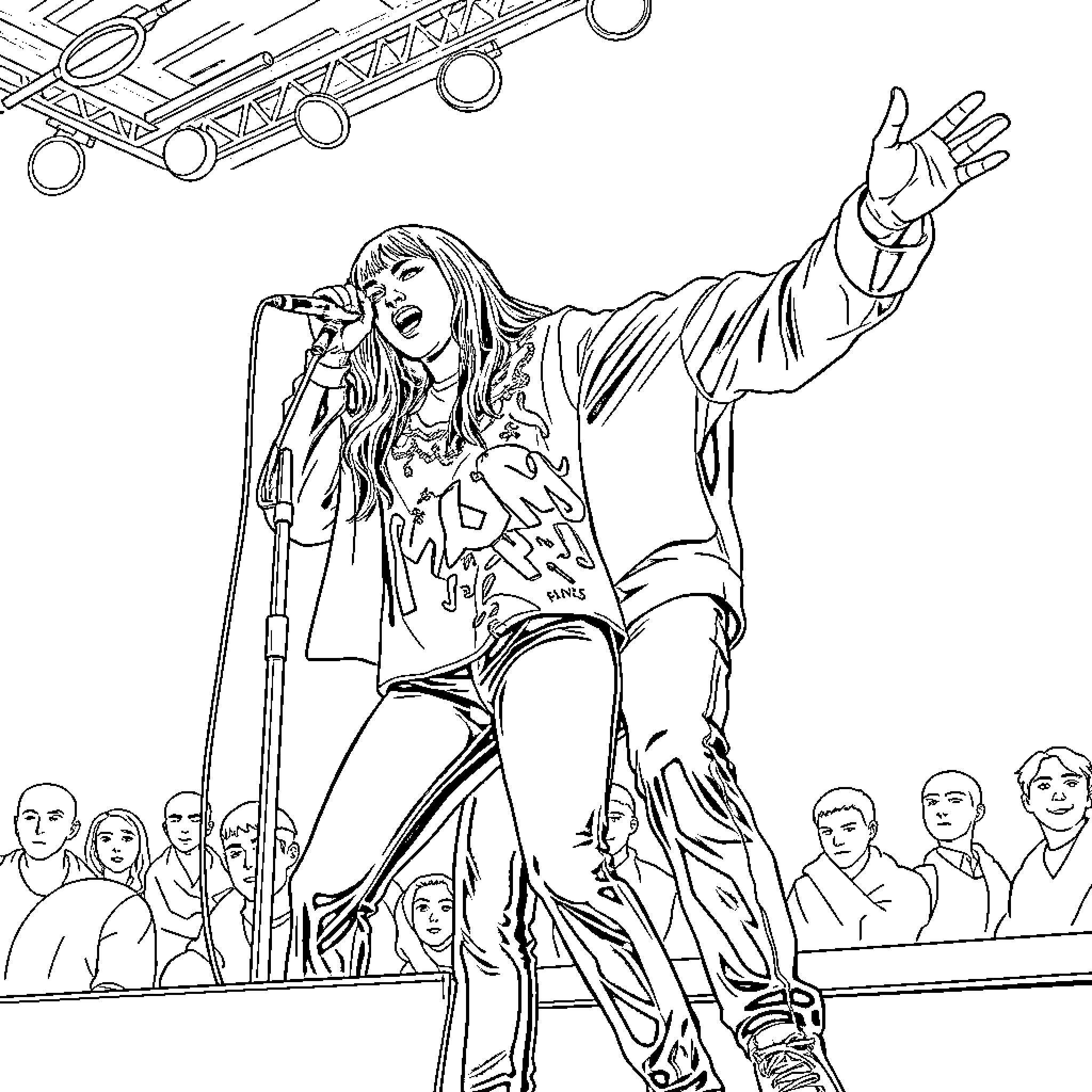 Billie Eilish performing passionately on stage Coloring Page (free black-and-white line drawing printable PDF for all, from beginners to advanced learners, including children, teens, adults, and seniors)
