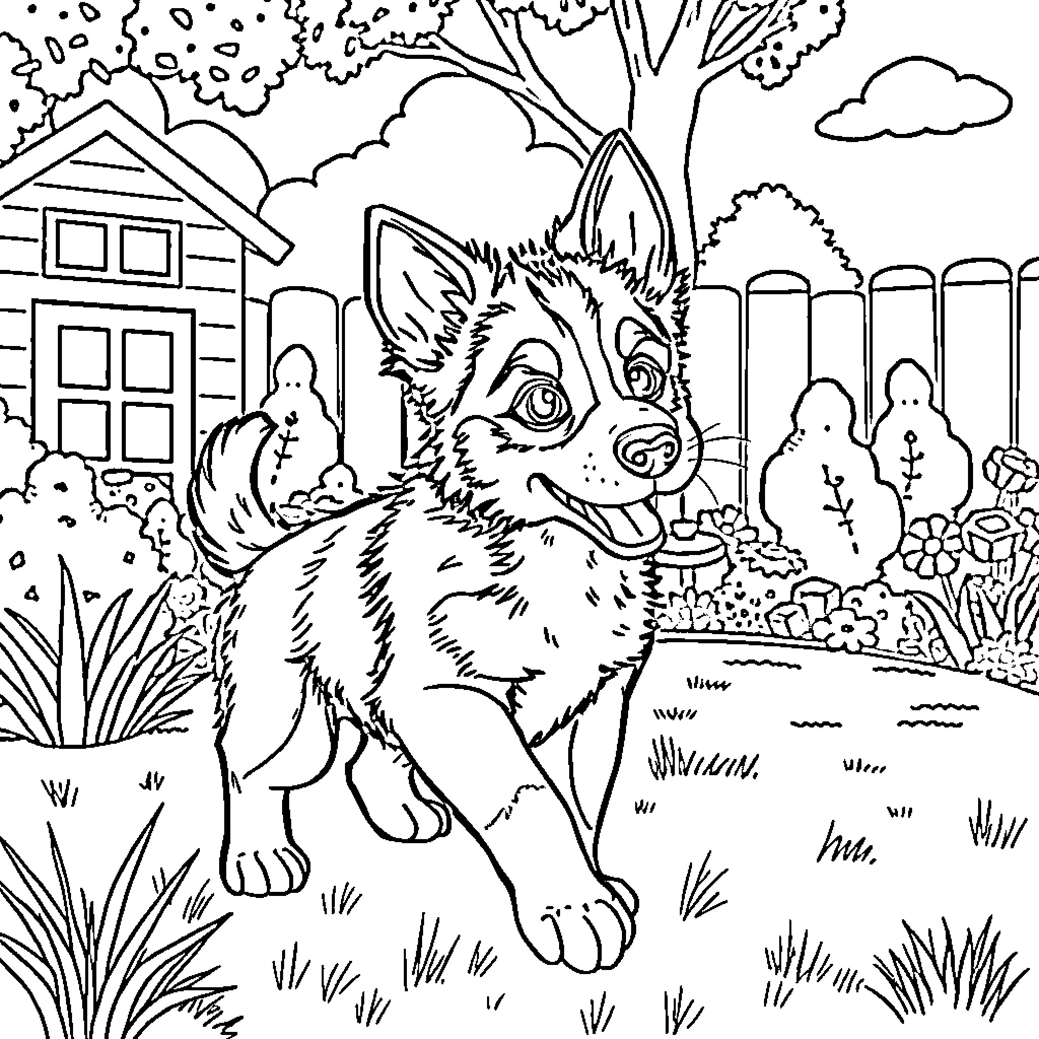Bluey Explores the Neighborhood Backyard Coloring Page (free black-and-white line drawing printable PDF for all, from beginners to advanced learners, including children, teens, adults, and seniors)