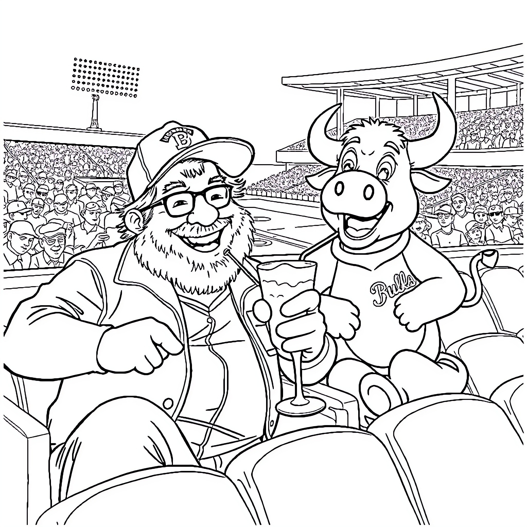 Danny DeVito and cartoon cow at baseball stadium Coloring Page (free black-and-white line drawing printable PDF for all, from beginners to advanced learners, including children, teens, adults, and seniors)
