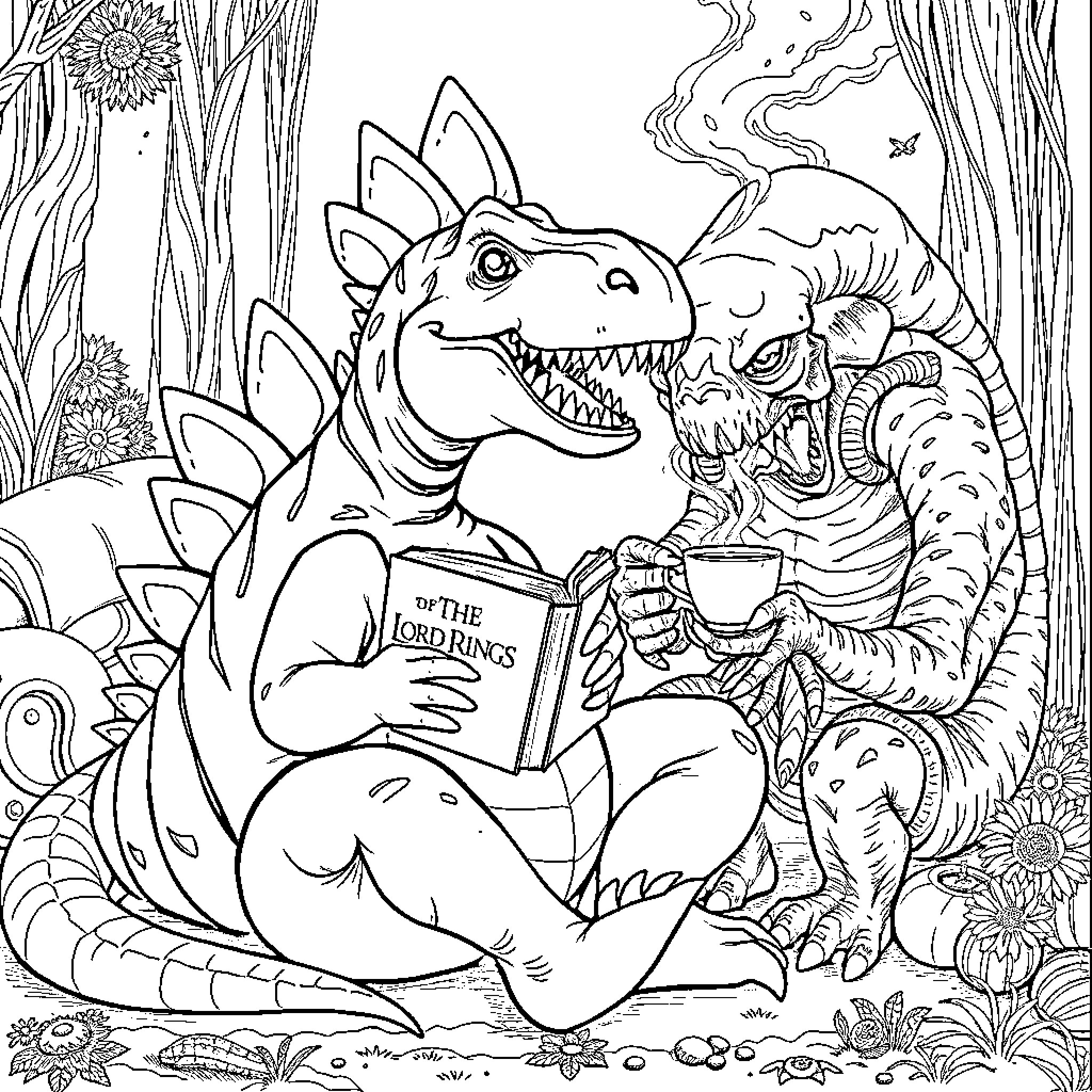 Stegosaurus reading in the enchanted forest Coloring Page (free black-and-white line drawing printable PDF for all, from beginners to advanced learners, including children, teens, adults, and seniors)