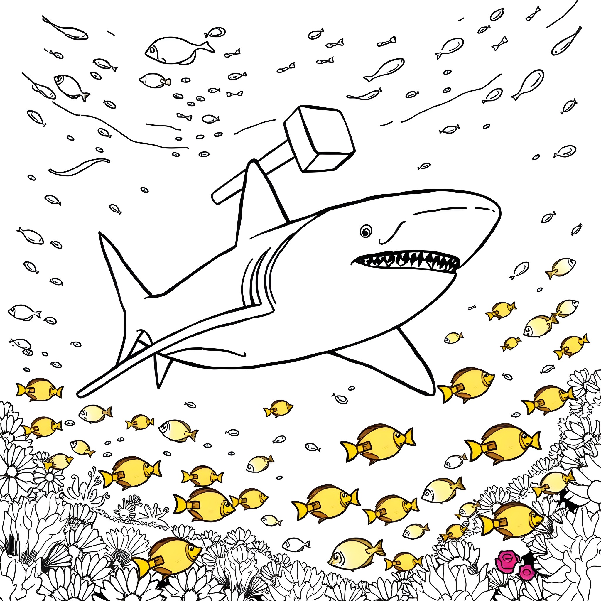 Hammerhead Shark exploring the underwater world Coloring Page (free black-and-white line drawing printable PDF for all, from beginners to advanced learners, including children, teens, adults, and seniors)
