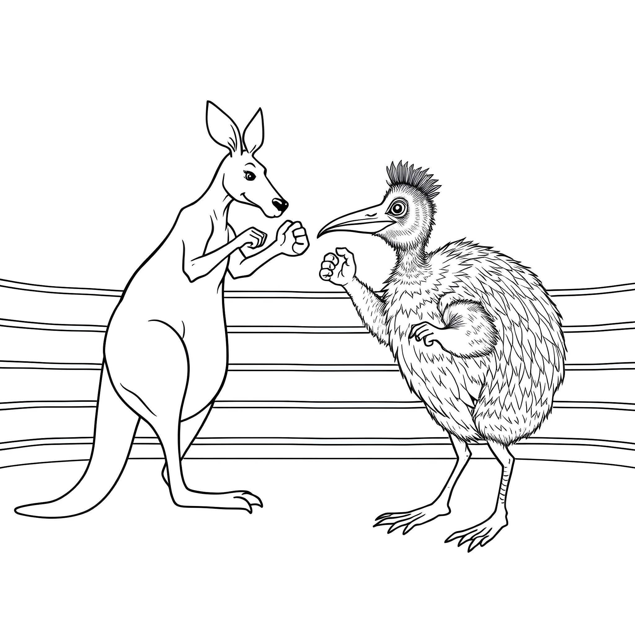 Kangaroo and Quirky Creature in Conversation Coloring Page (free black-and-white line drawing printable PDF for all, from beginners to advanced learners, including children, teens, adults, and seniors)
