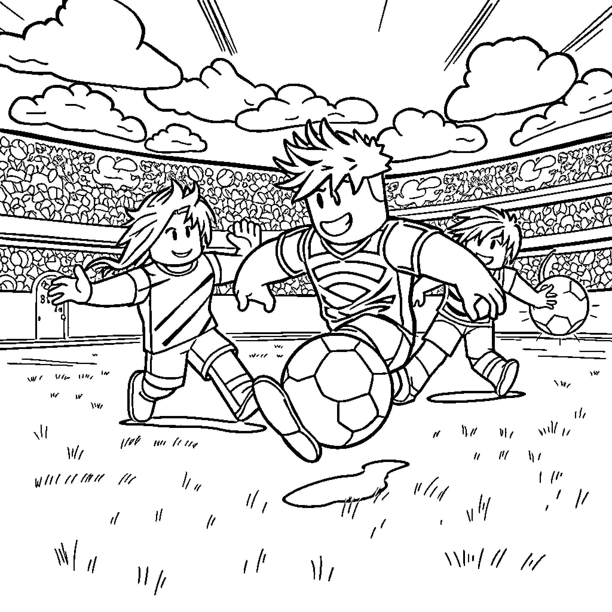 Roblox characters playing soccer in a stadium Coloring Page (free black-and-white line drawing printable PDF for all, from beginners to advanced learners, including children, teens, adults, and seniors)
