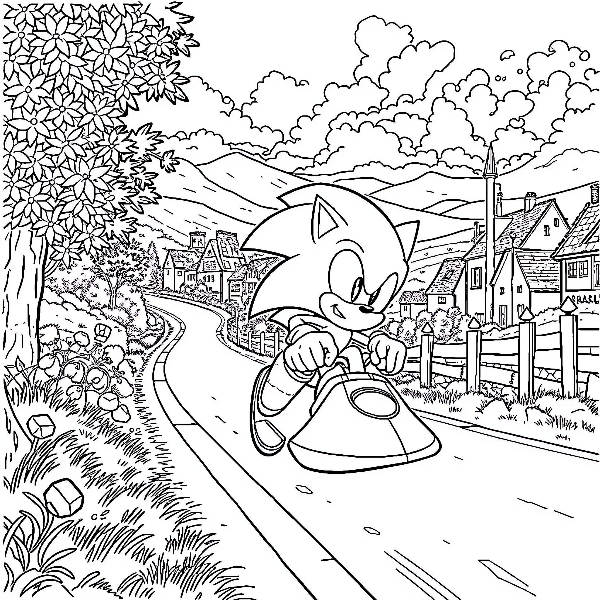 Sonic's Scenic Outdoor Adventure Coloring Page (free black-and-white line drawing printable PDF for all, from beginners to advanced learners, including children, teens, adults, and seniors)