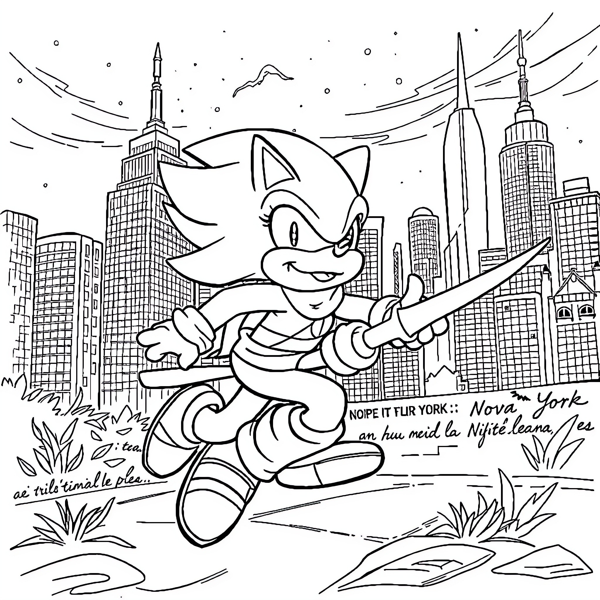 Tartaruga Ninja Explores the Bustling City Coloring Page (free black-and-white line drawing printable PDF for all, from beginners to advanced learners, including children, teens, adults, and seniors)