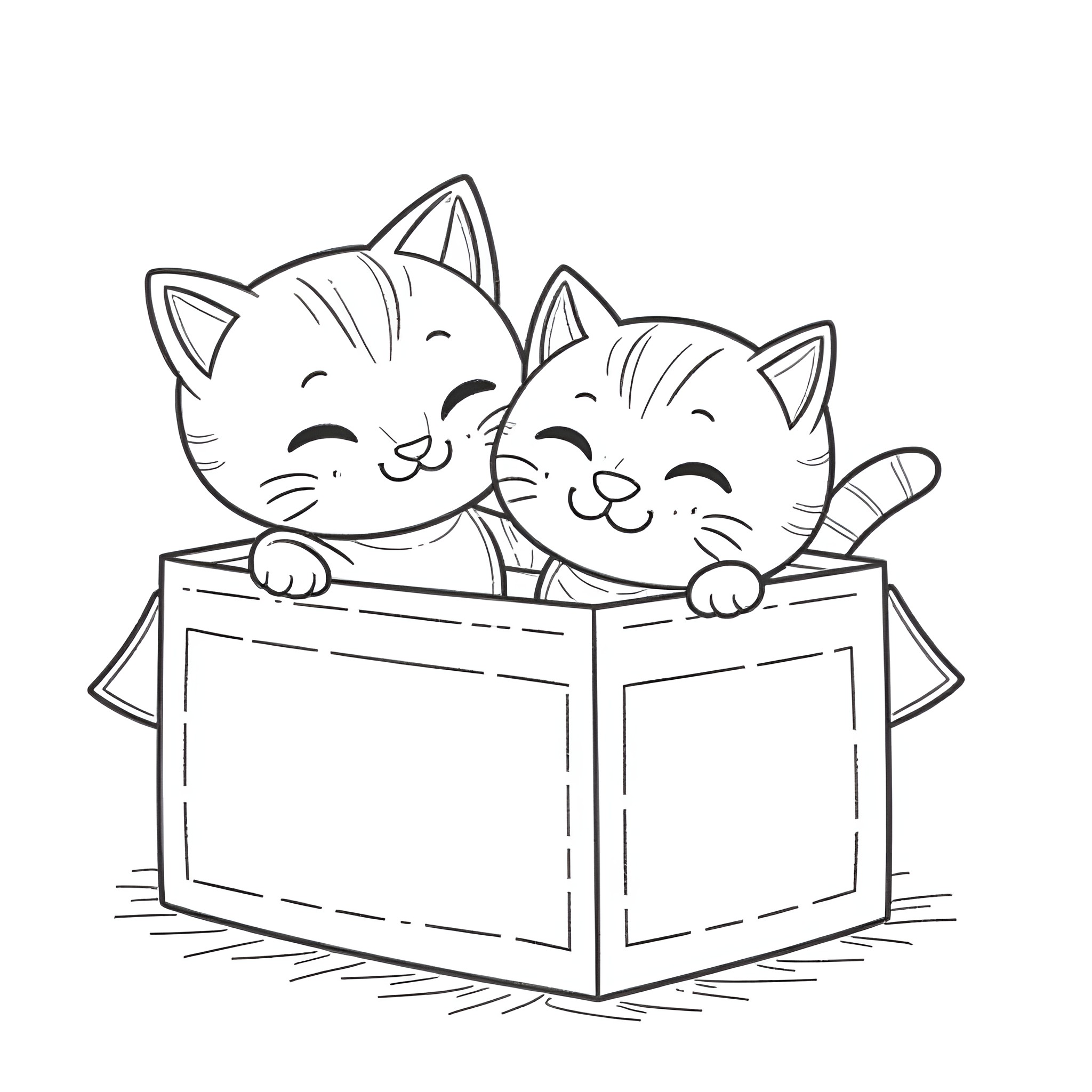 Kittens playing together in a box Coloring Page (free black-and-white line drawing printable PDF for all, from beginners to advanced learners, including children, teens, adults, and seniors)