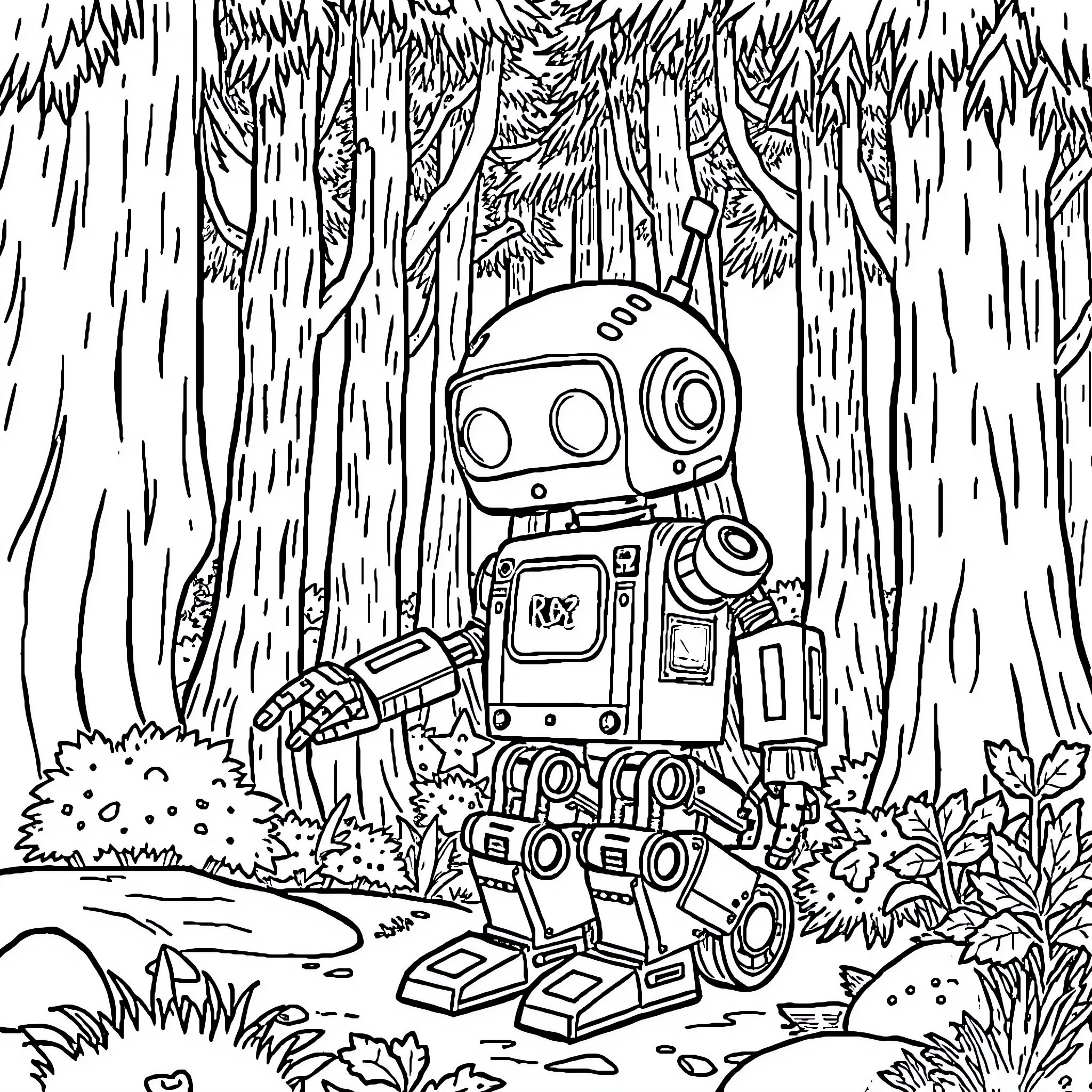 Robot exploring the dense forest Coloring Page (free black-and-white line drawing printable PDF for all, from beginners to advanced learners, including children, teens, adults, and seniors)