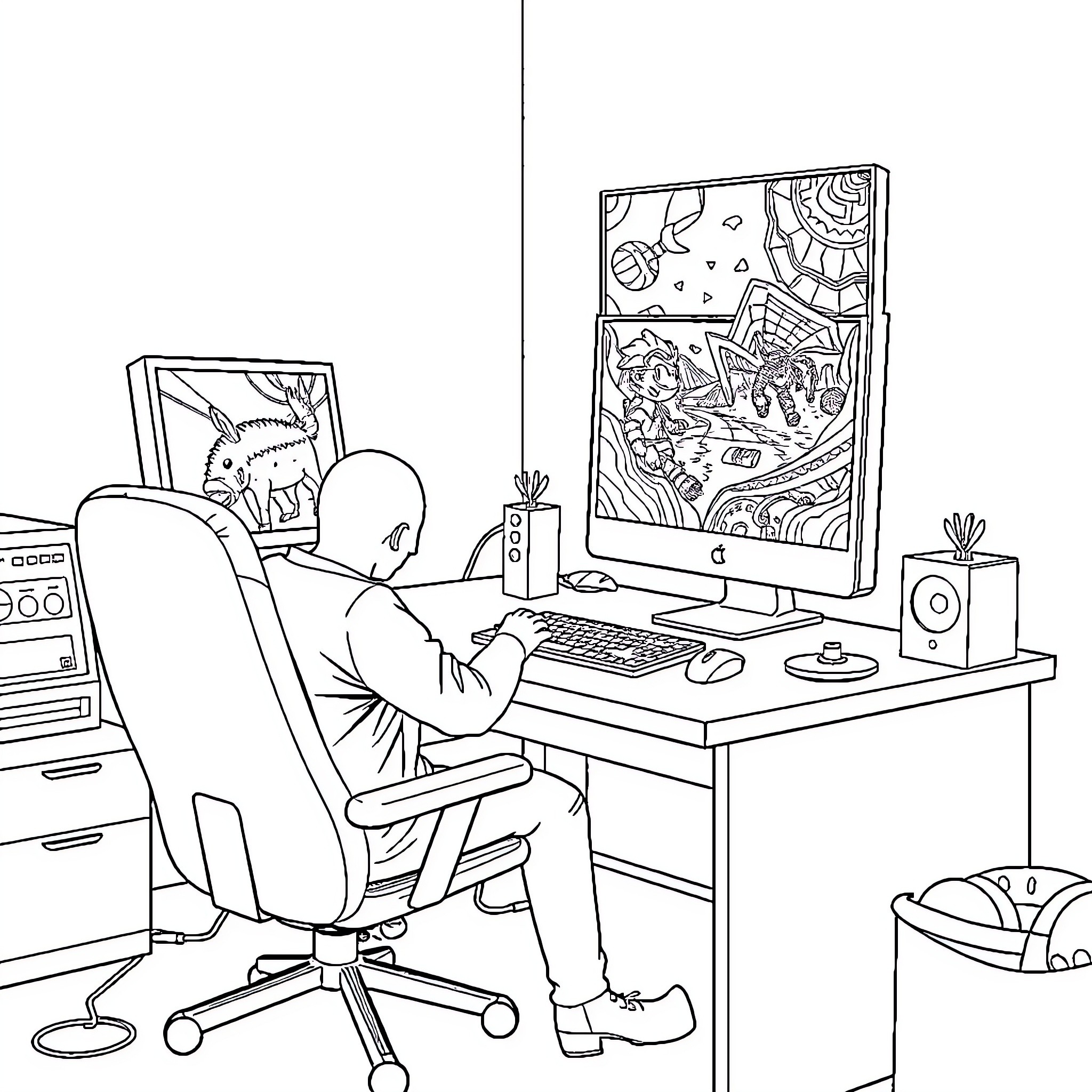 Video Game Enthusiast's Workspace with Abstract Artwork Coloring Page (free black-and-white line drawing printable PDF for all, from beginners to advanced learners, including children, teens, adults, and seniors)