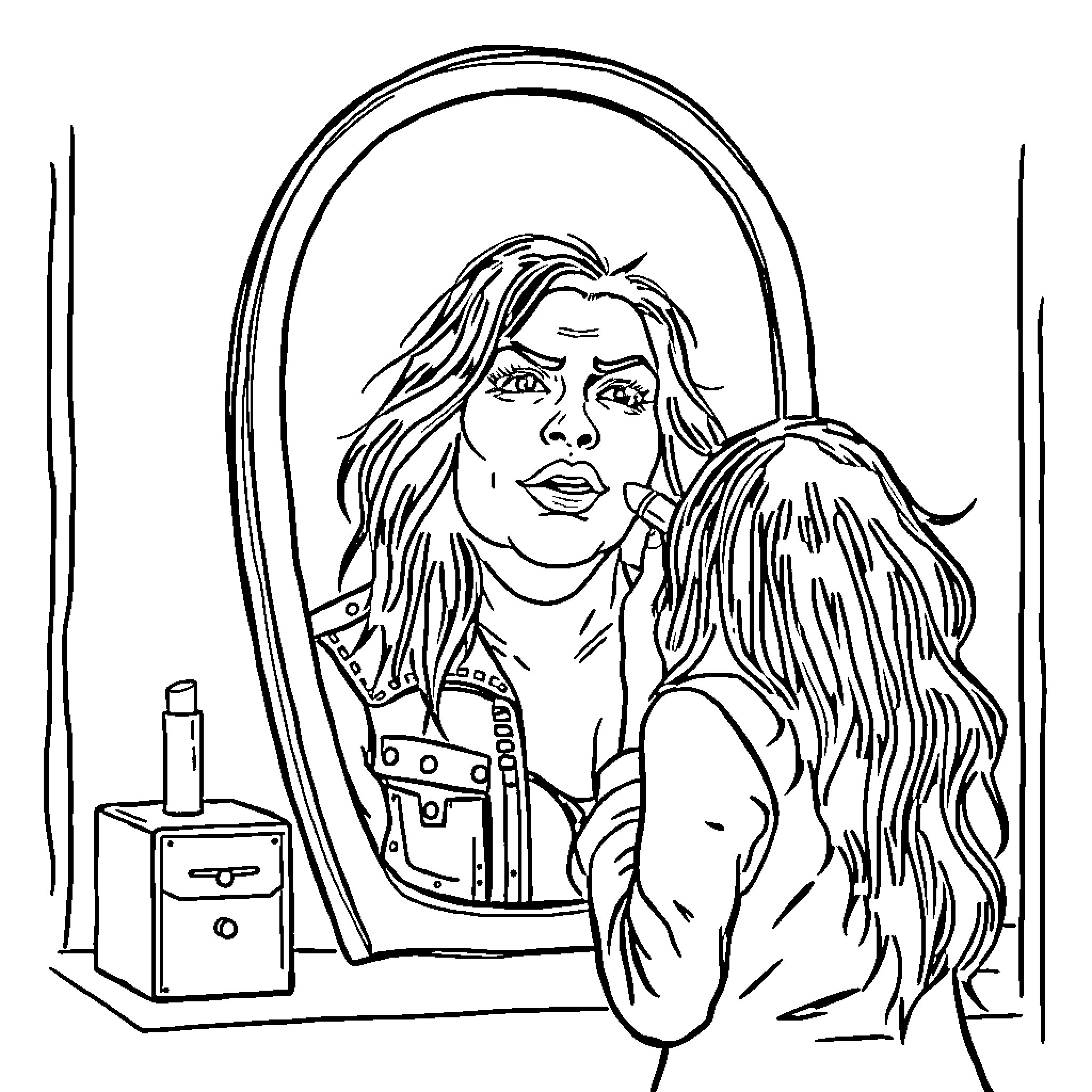Rock Star Gazing at Reflection in Mirror Coloring Page (free black-and-white line drawing printable PDF for all, from beginners to advanced learners, including children, teens, adults, and seniors)