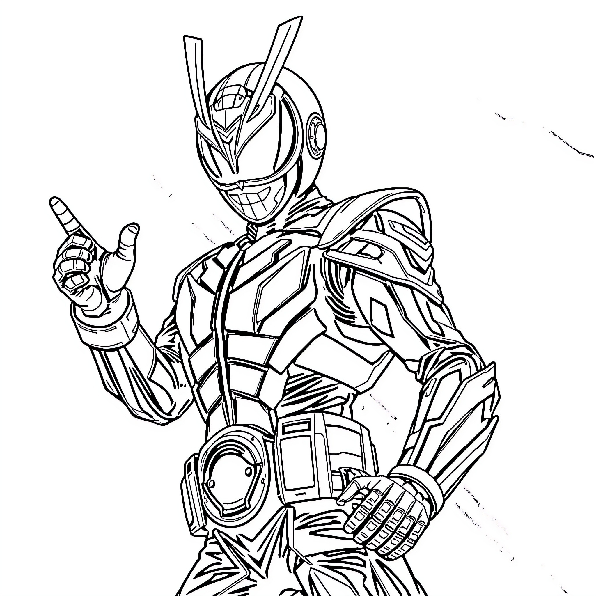 Kamen Rider in Dynamic Pose with Weapon Coloring Page (free black-and-white line drawing printable PDF for all, from beginners to advanced learners, including children, teens, adults, and seniors)