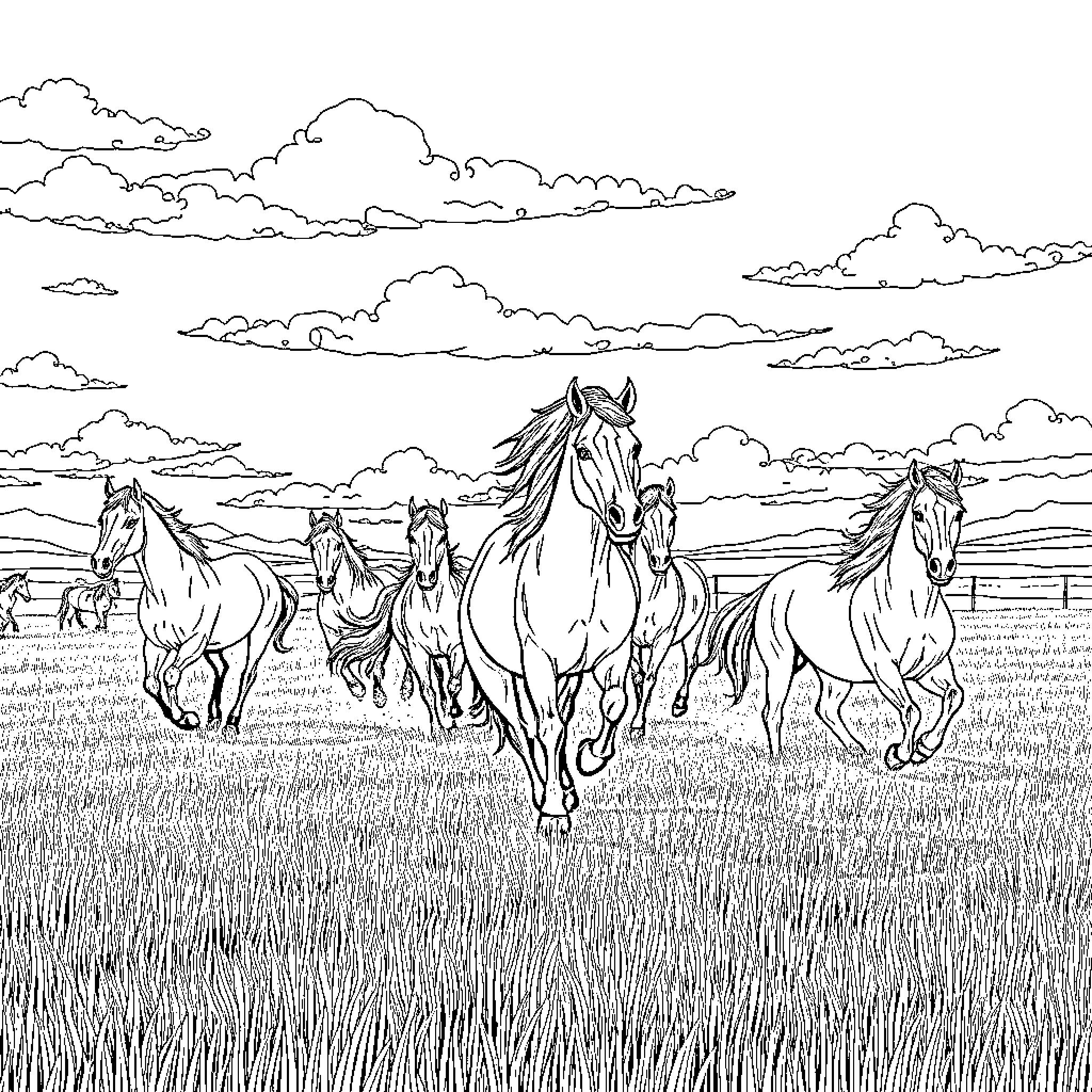 Horse herd galloping through the meadow Coloring Page (free black-and-white line drawing printable PDF for all, from beginners to advanced learners, including children, teens, adults, and seniors)