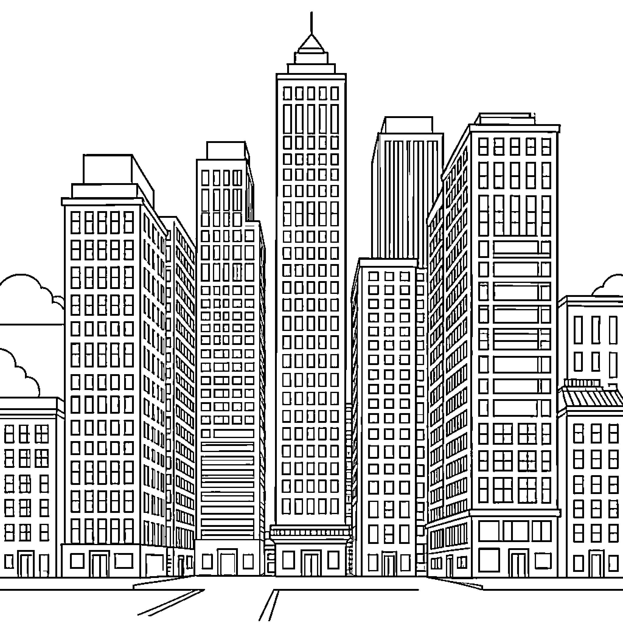 Building skyscrapers standing tall in a dense cityscape Coloring Page (free black-and-white line drawing printable PDF for all, from beginners to advanced learners, including children, teens, adults, and seniors)