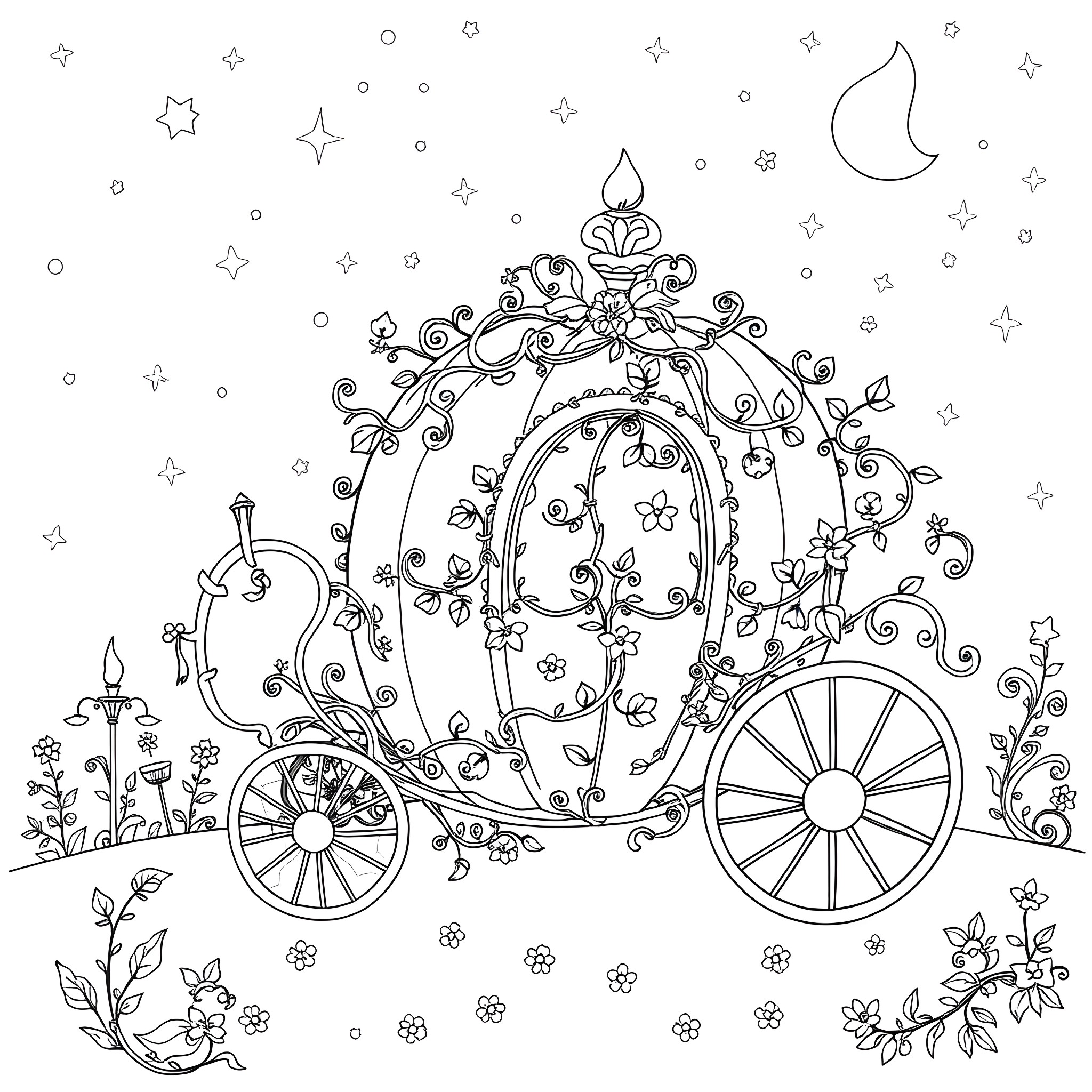 Cinderella's enchanted carriage among the stars Coloring Page (free black-and-white line drawing printable PDF for all, from beginners to advanced learners, including children, teens, adults, and seniors)