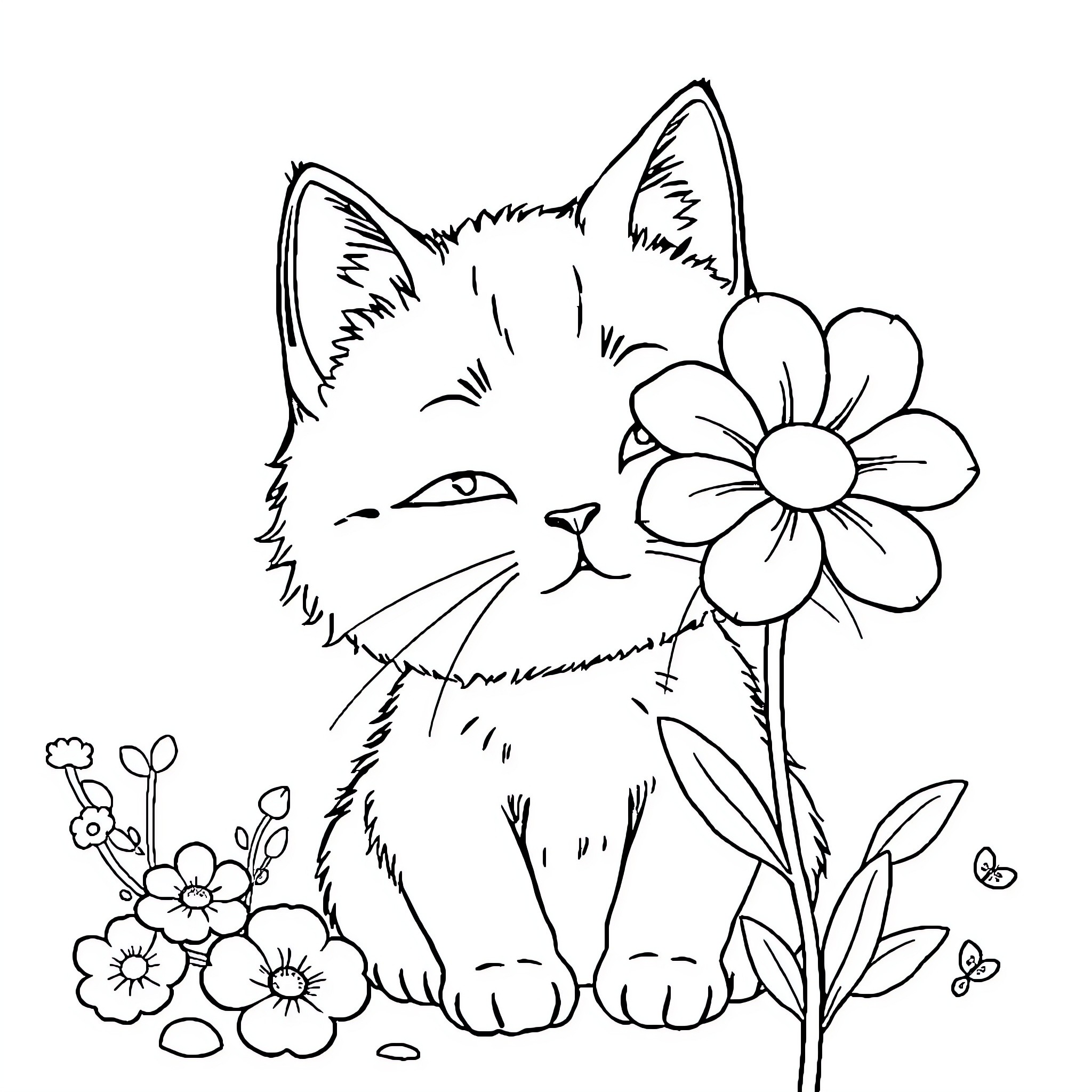 Cat with flower enjoying nature Coloring Page (free black-and-white line drawing printable PDF for all, from beginners to advanced learners, including children, teens, adults, and seniors)