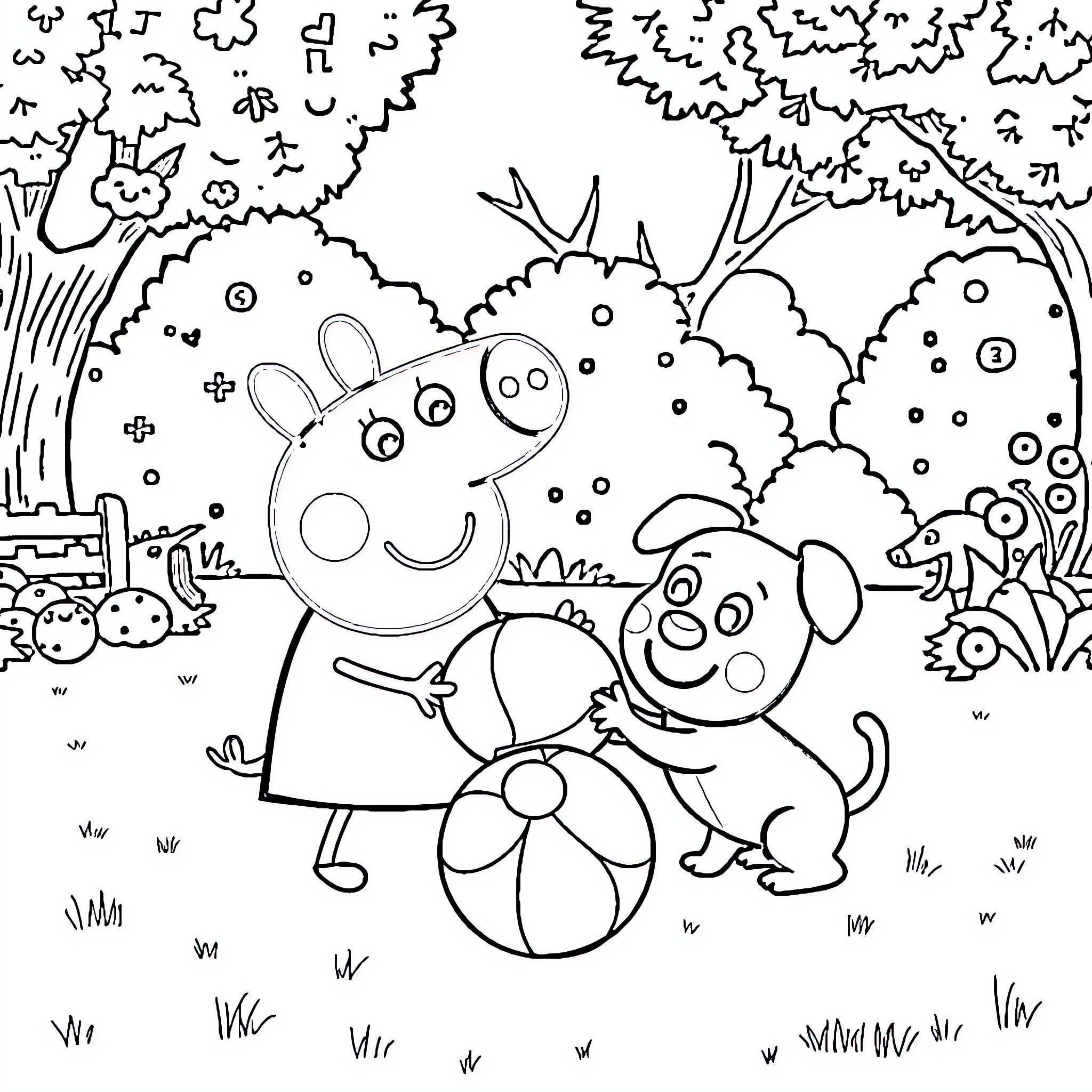 Peppa Pig and Puppy Playing in the Forest Coloring Page (free black-and-white line drawing printable PDF for all, from beginners to advanced learners, including children, teens, adults, and seniors)