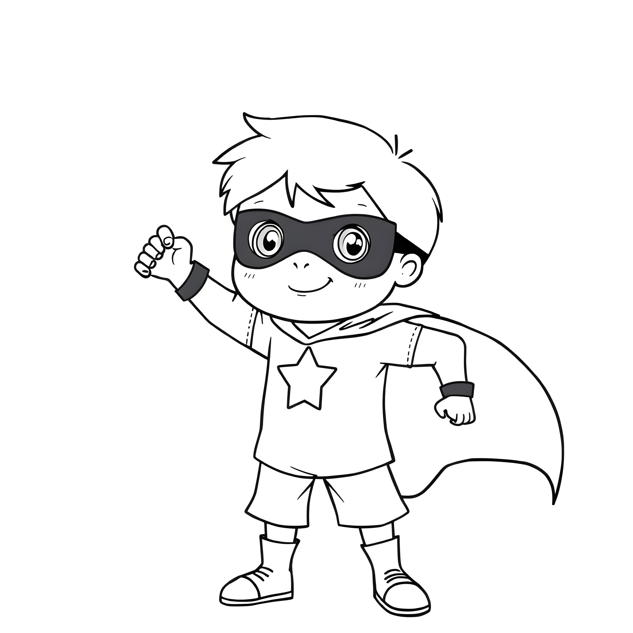 Boy in superhero costume striking a pose Coloring Page (free black-and-white line drawing printable PDF for all, from beginners to advanced learners, including children, teens, adults, and seniors)