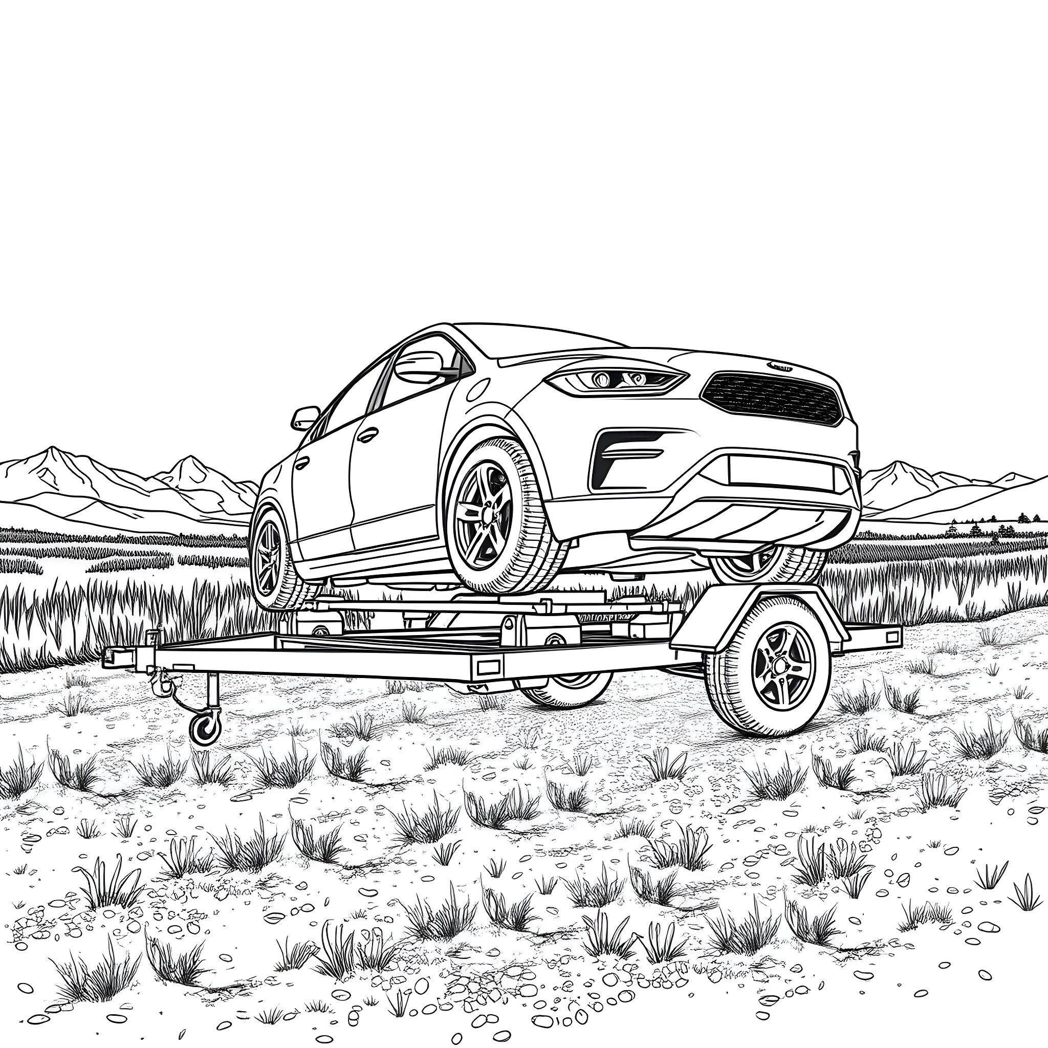 Car Trailer Transporting a Modern Sports Utility Vehicle Coloring Page (free black-and-white line drawing printable PDF for all, from beginners to advanced learners, including children, teens, adults, and seniors)