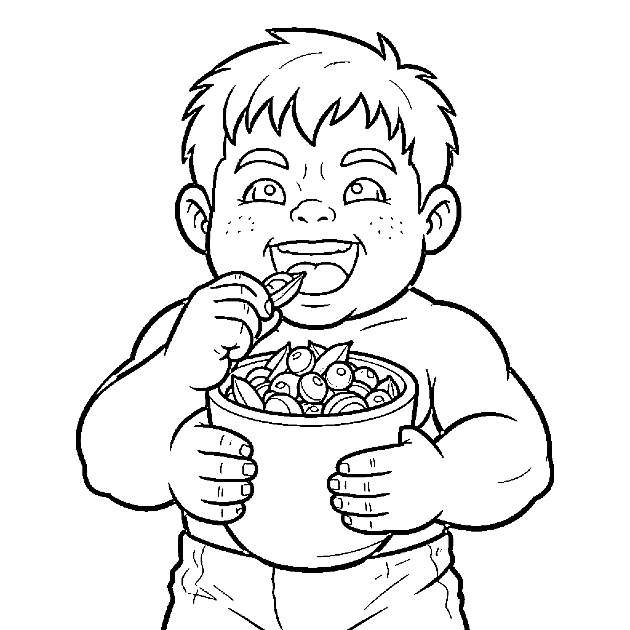 Hulk Enjoying a Hearty Meal Coloring Page (free black-and-white line drawing printable PDF for all, from beginners to advanced learners, including children, teens, adults, and seniors)