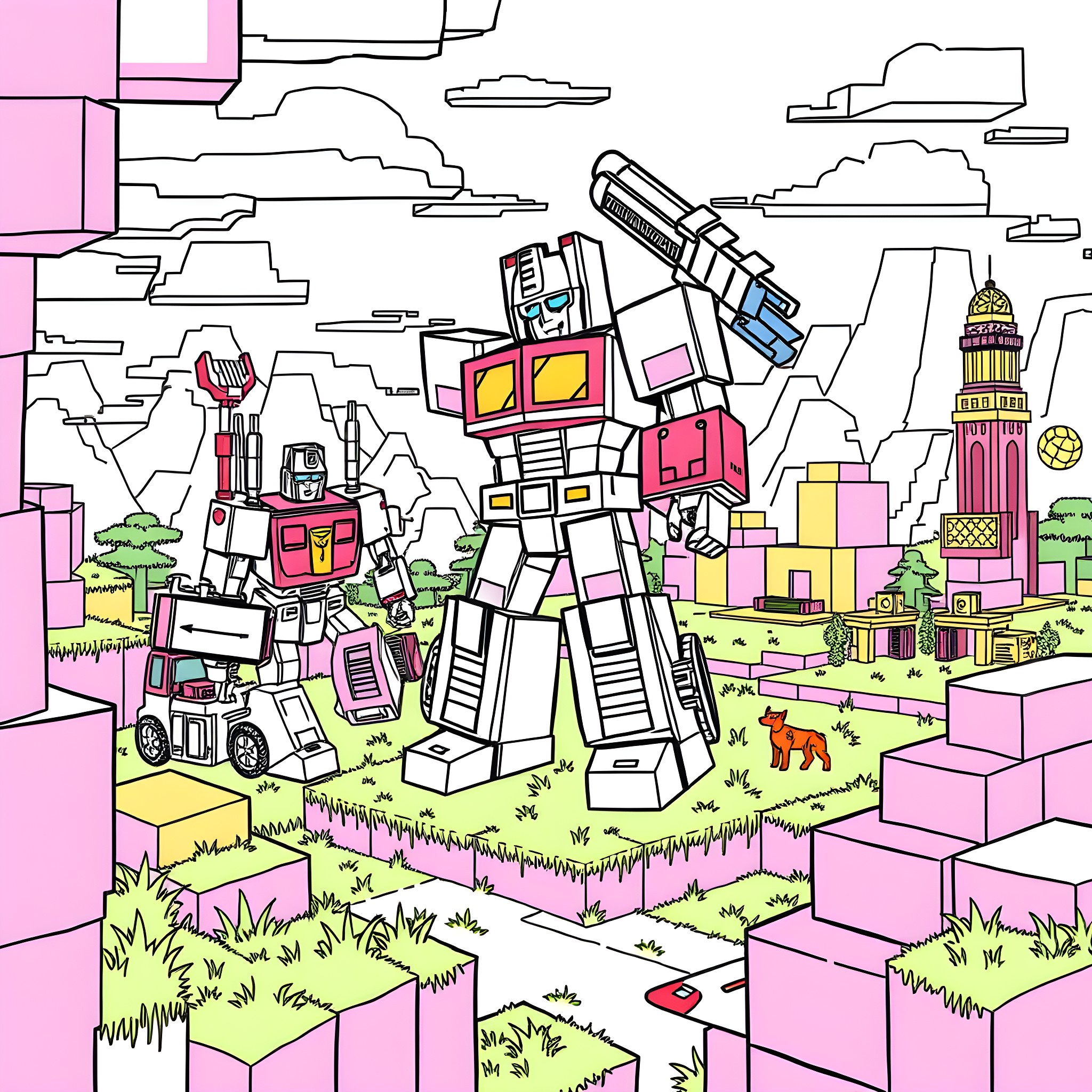 Transformer heroes battling in the bustling city Coloring Page (free black-and-white line drawing printable PDF for all, from beginners to advanced learners, including children, teens, adults, and seniors)