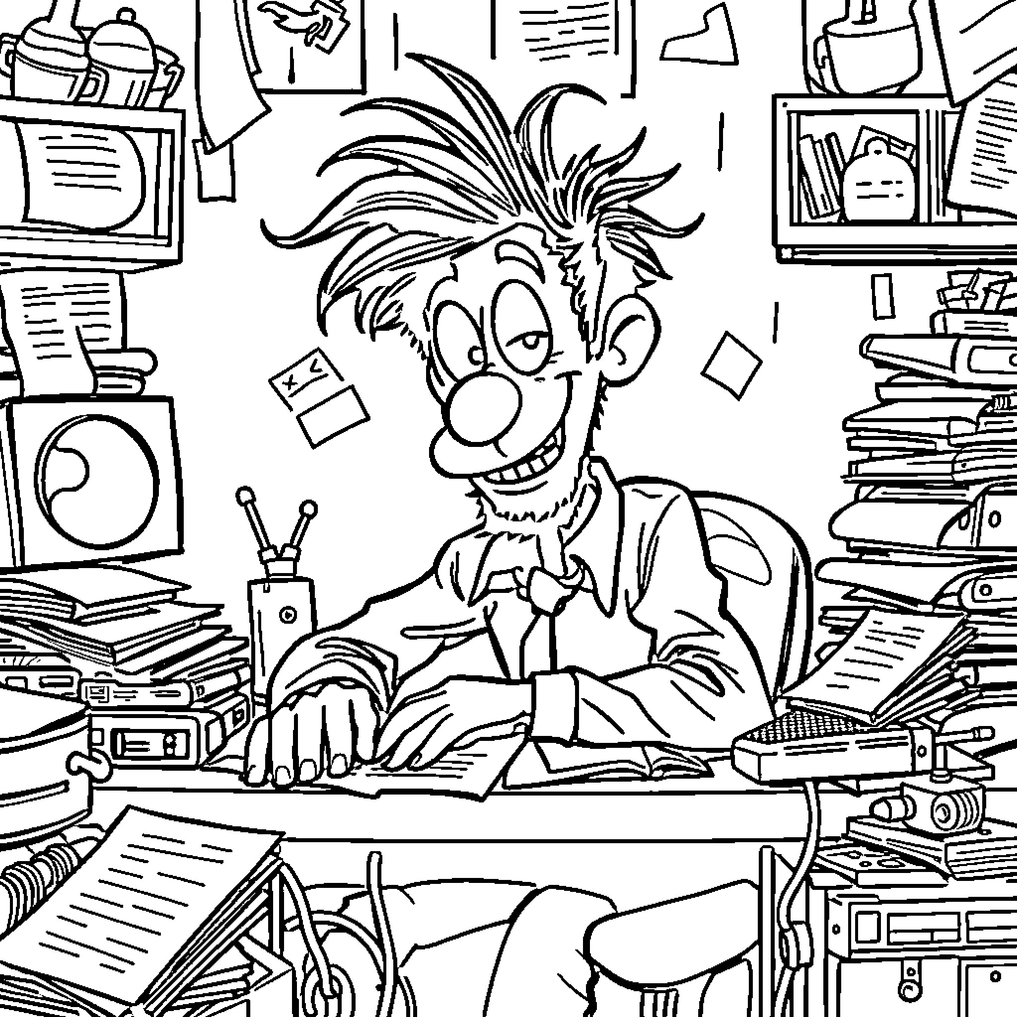 Gaston Lagaffe's chaotic work desk Coloring Page (free black-and-white line drawing printable PDF for all, from beginners to advanced learners, including children, teens, adults, and seniors)