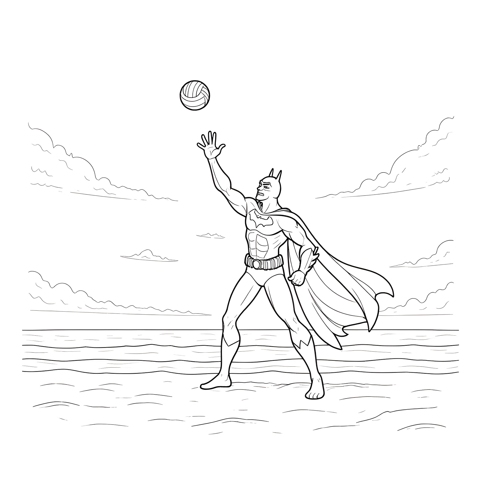 Batman playing volleyball in the ocean Coloring Page (free black-and-white line drawing printable PDF for all, from beginners to advanced learners, including children, teens, adults, and seniors)
