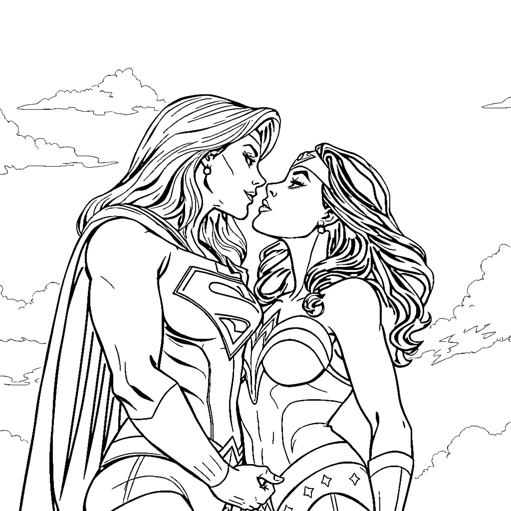Supergirl and Wonder Woman facing each other Coloring Page (free black-and-white line drawing printable PDF for all, from beginners to advanced learners, including children, teens, adults, and seniors)