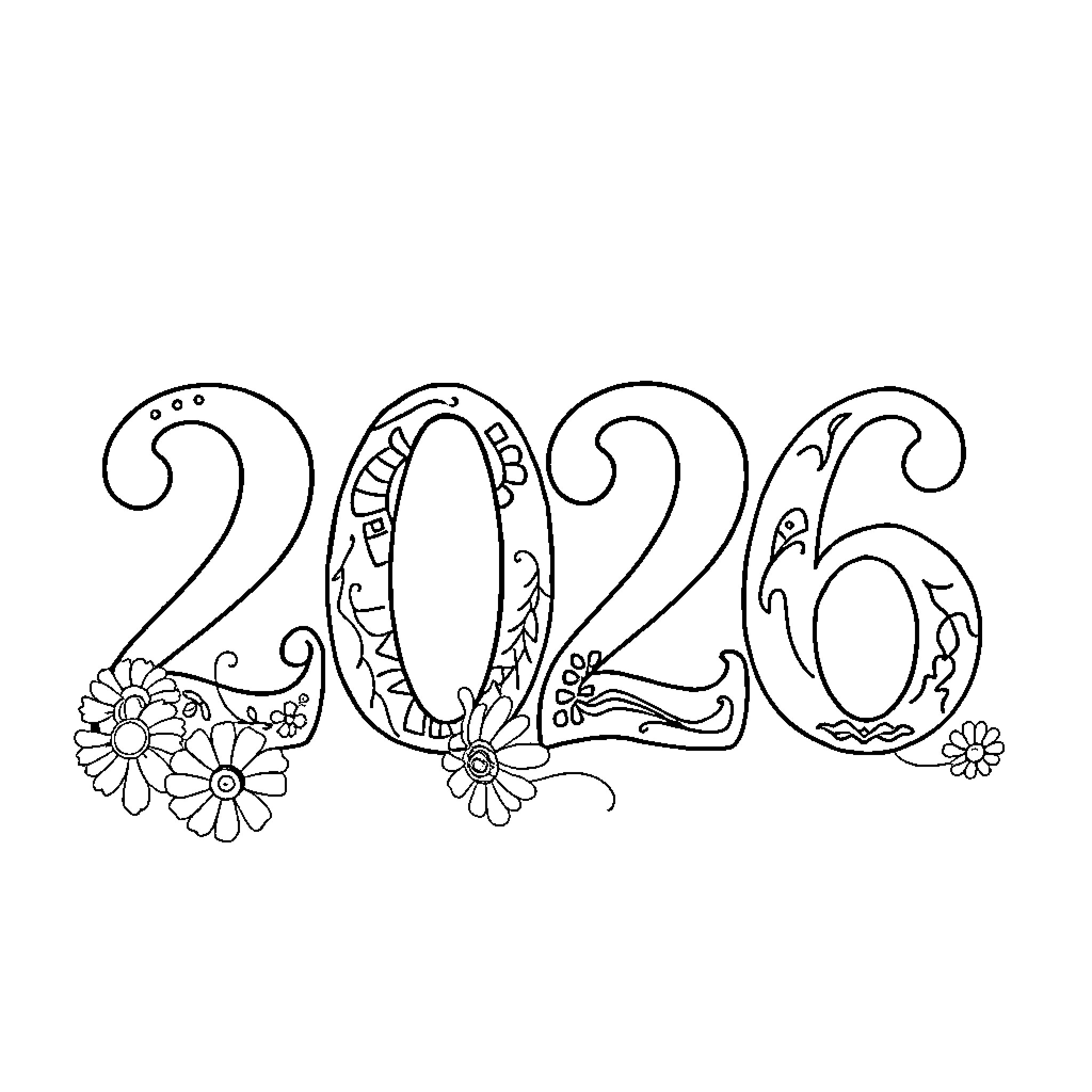 Number 2026 with Flower Accents Coloring Page (free black-and-white line drawing printable PDF for all, from beginners to advanced learners, including children, teens, adults, and seniors)