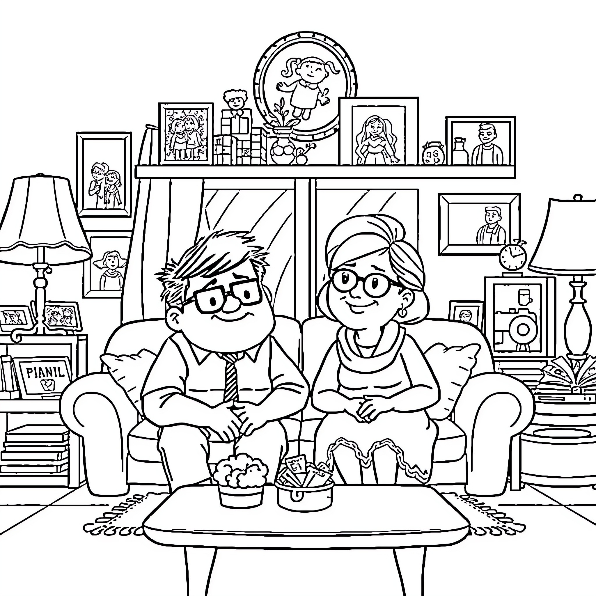 Carl and Ellie sharing a cozy moment in their home Coloring Page (free black-and-white line drawing printable PDF for all, from beginners to advanced learners, including children, teens, adults, and seniors)