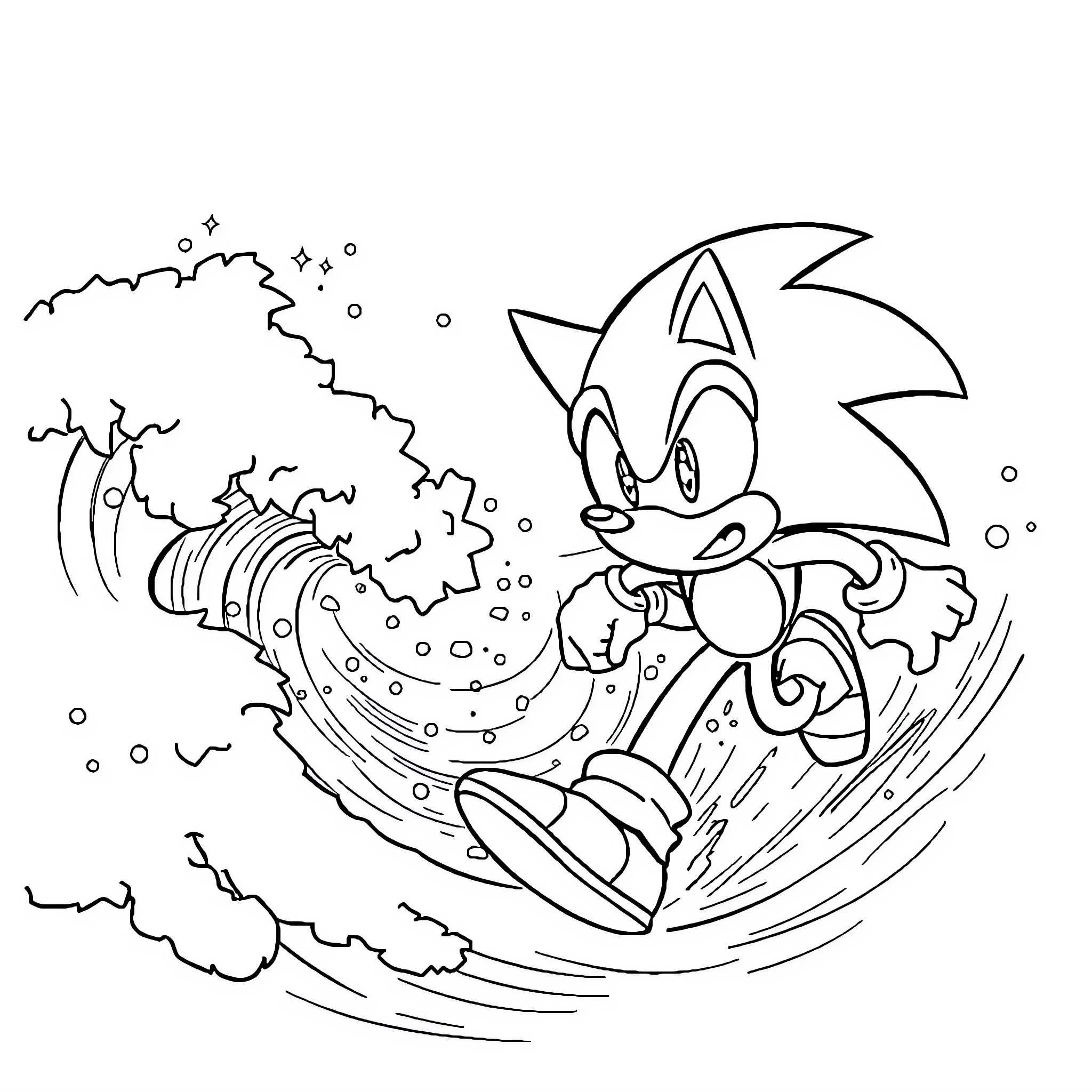 Sonic surfing dynamic waves with enthusiasm Coloring Page (free black-and-white line drawing printable PDF for all, from beginners to advanced learners, including children, teens, adults, and seniors)