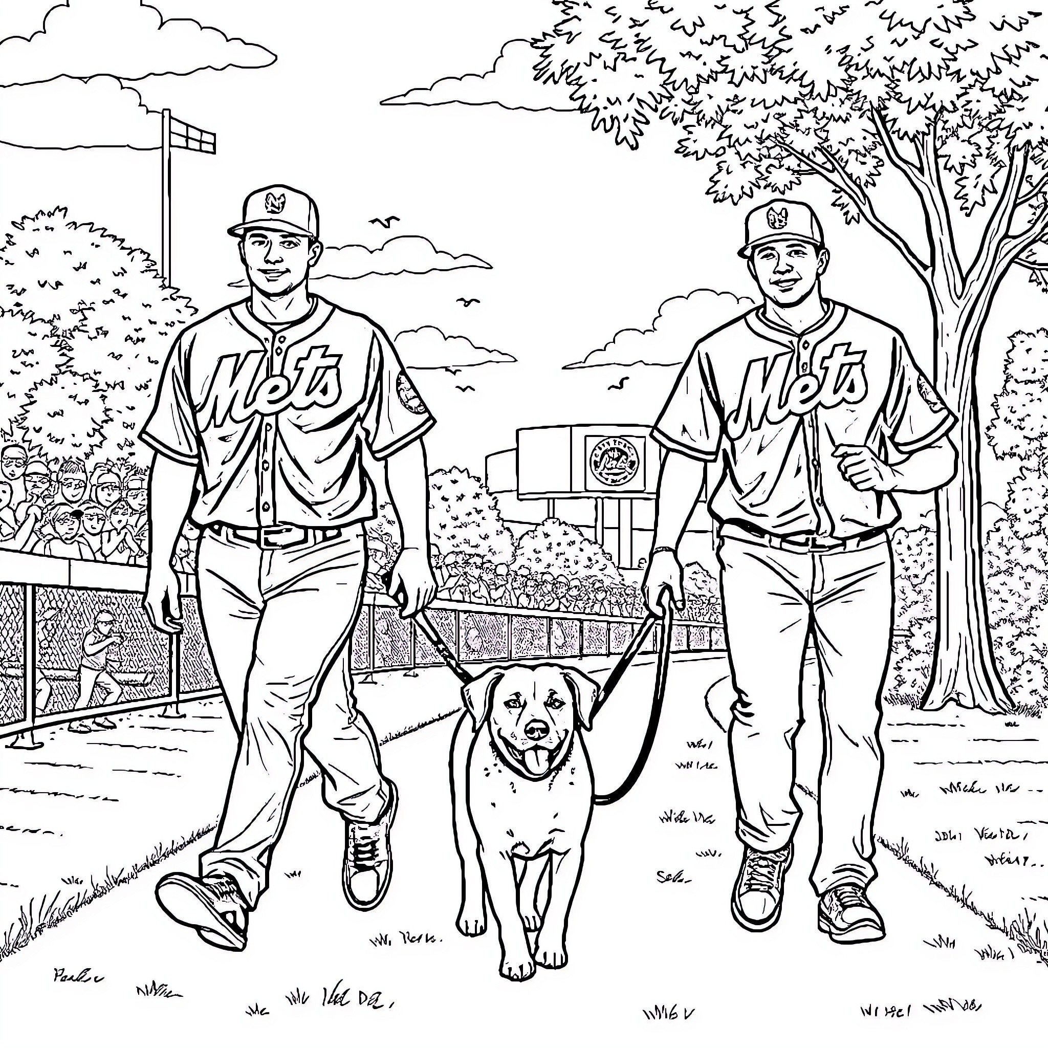 Dog enjoying a day at the baseball park with two players Coloring Page (free black-and-white line drawing printable PDF for all, from beginners to advanced learners, including children, teens, adults, and seniors)