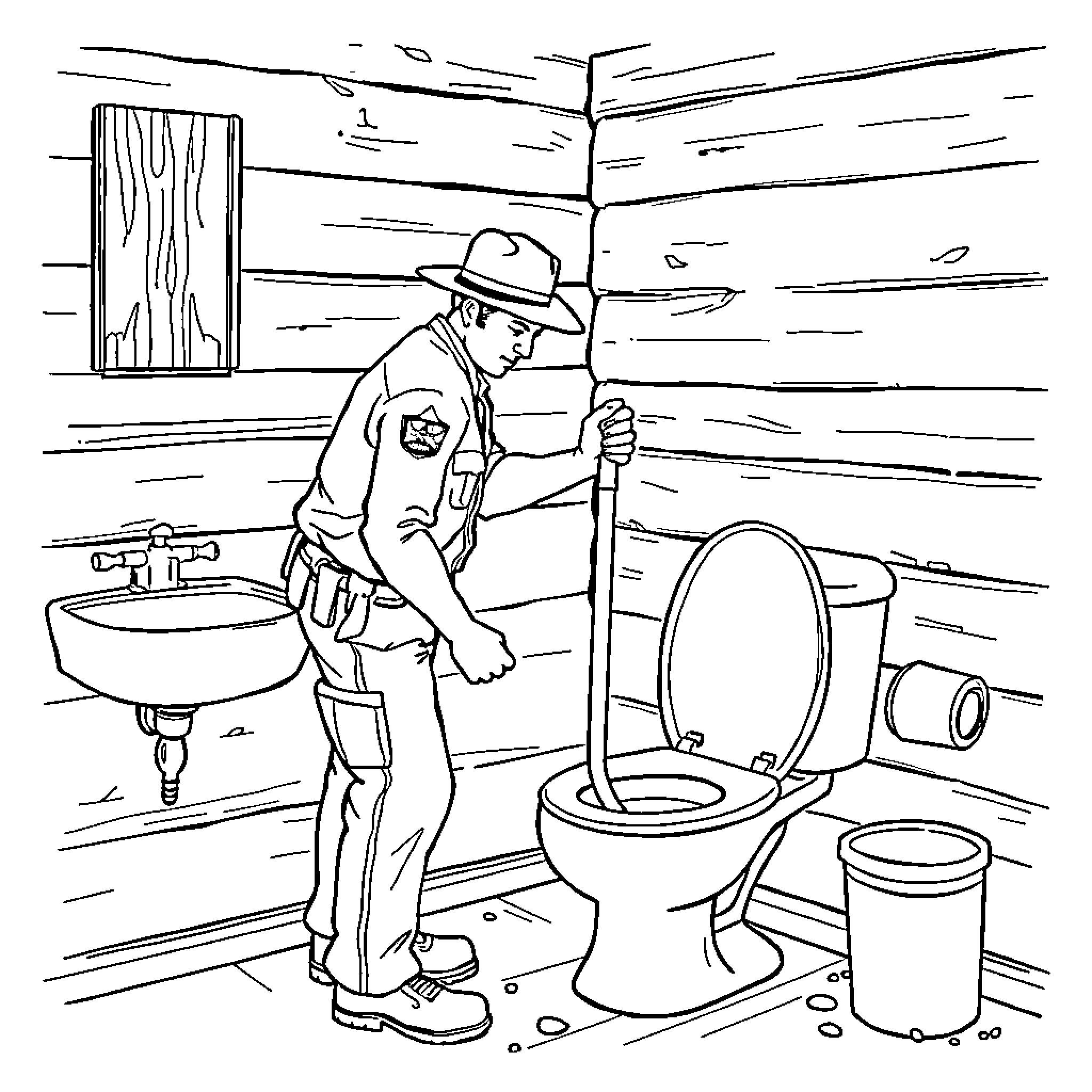 Park Ranger Inspecting Public Restroom Facilities Coloring Page (free black-and-white line drawing printable PDF for all, from beginners to advanced learners, including children, teens, adults, and seniors)