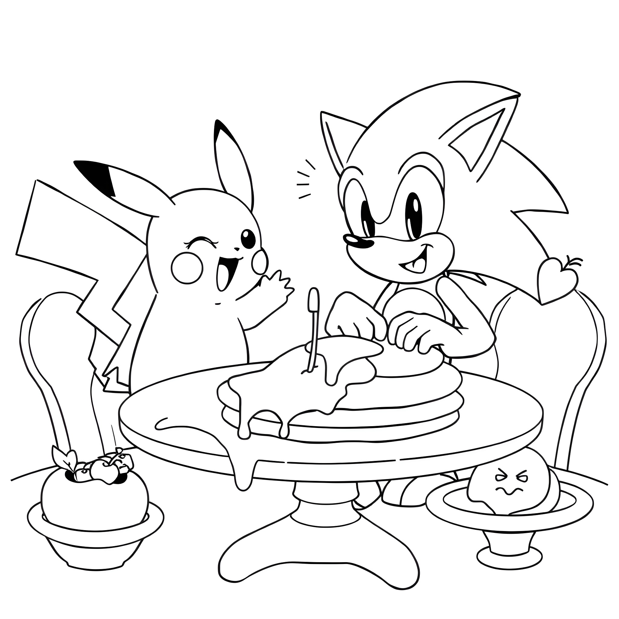 Sonic characters enjoying a delightful dessert Coloring Page (free black-and-white line drawing printable PDF for all, from beginners to advanced learners, including children, teens, adults, and seniors)
