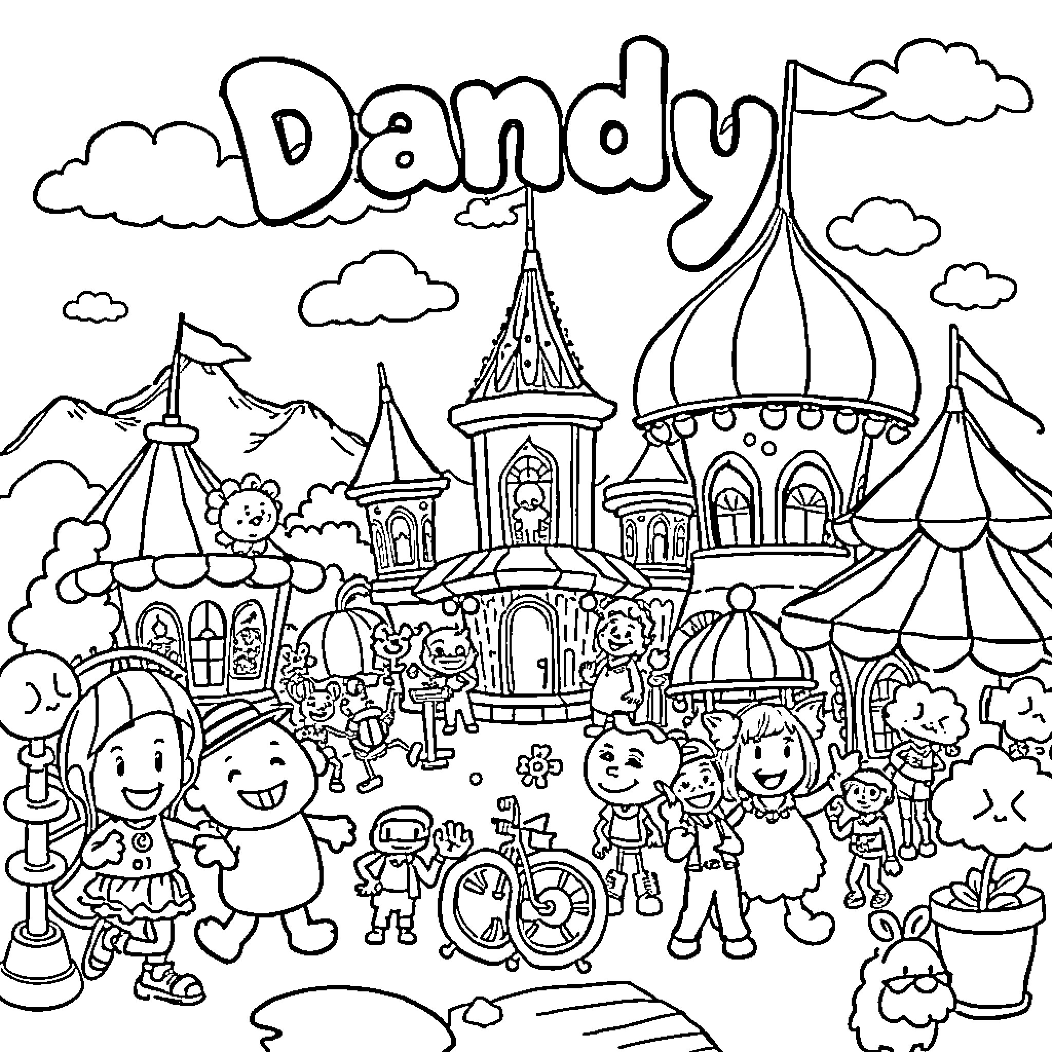 Dandy carnival scene with whimsical characters Coloring Page (free black-and-white line drawing printable PDF for all, from beginners to advanced learners, including children, teens, adults, and seniors)