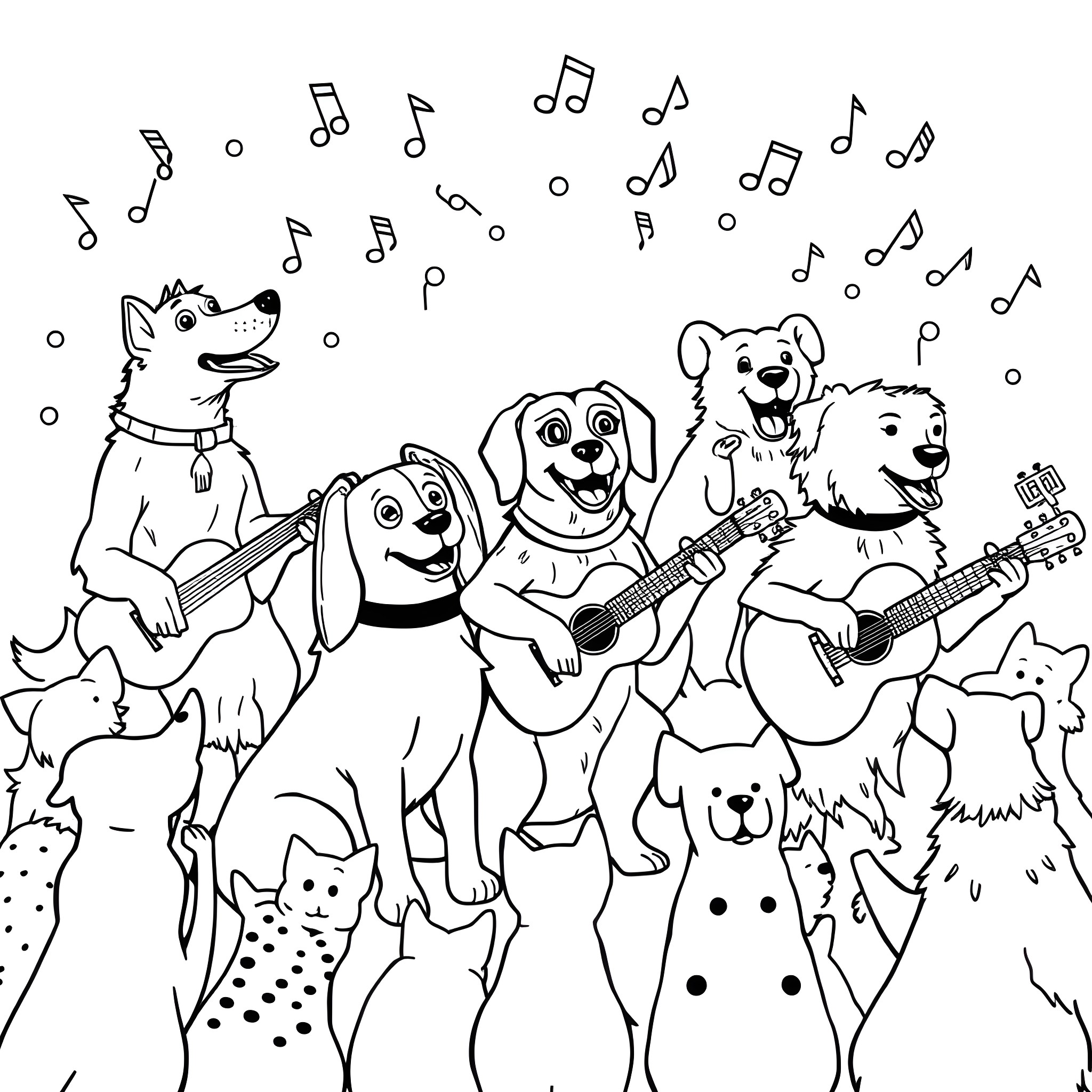 Dogs having a musical performance with notes Coloring Page (free black-and-white line drawing printable PDF for all, from beginners to advanced learners, including children, teens, adults, and seniors)