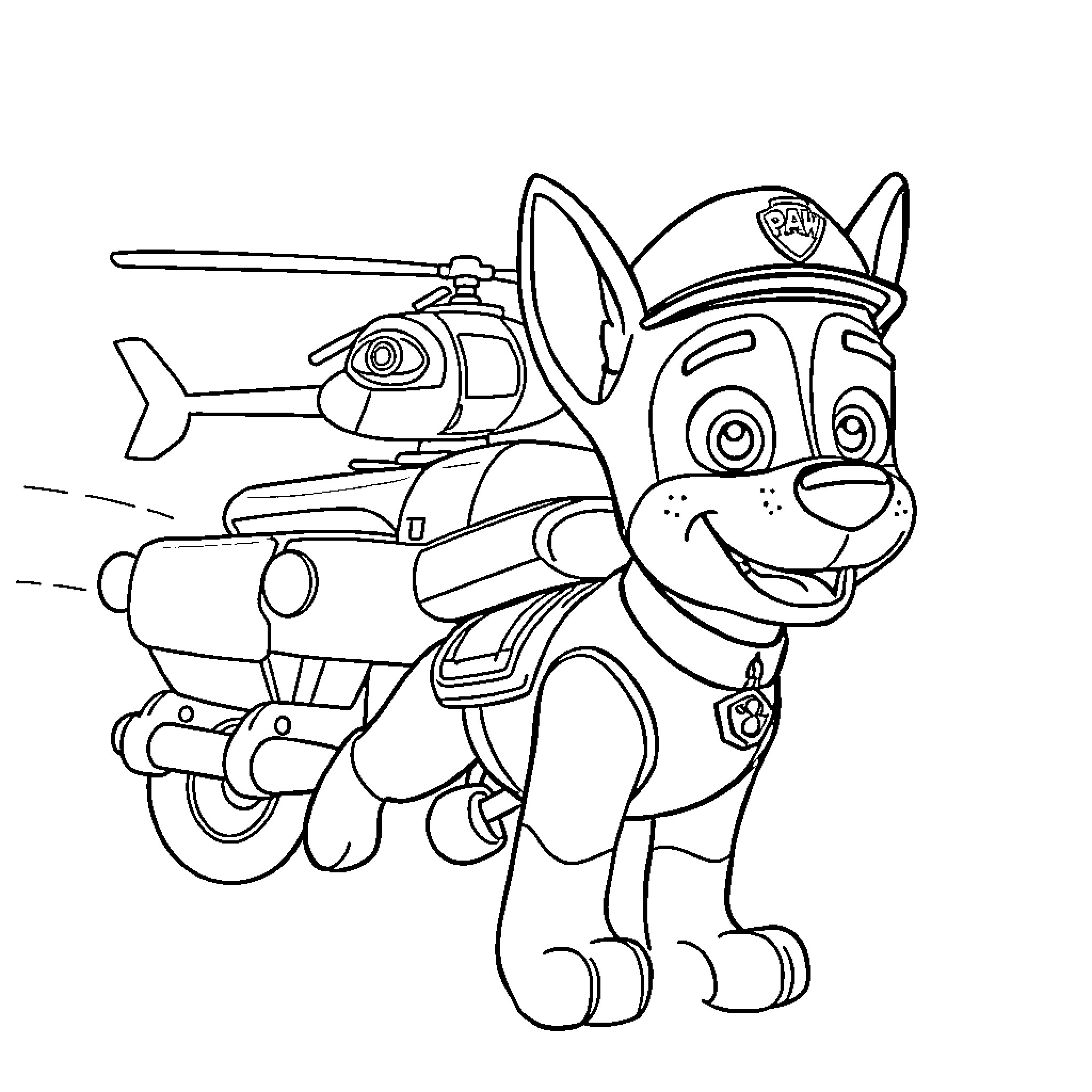 Chase of the smiling pup and helicopter Coloring Page (free black-and-white line drawing printable PDF for all, from beginners to advanced learners, including children, teens, adults, and seniors)