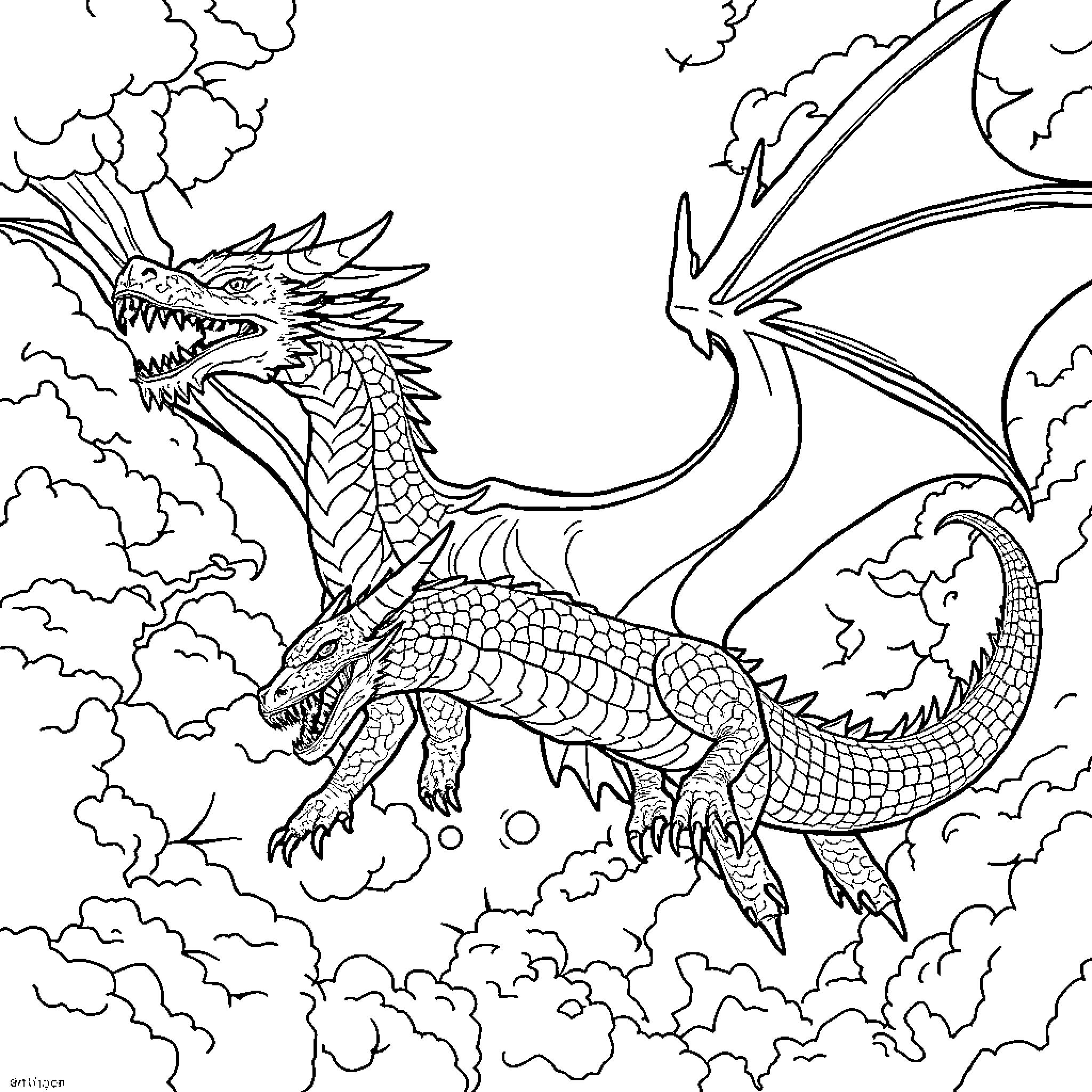 Dragon soaring through the cloudy skies Coloring Page (free black-and-white line drawing printable PDF for all, from beginners to advanced learners, including children, teens, adults, and seniors)