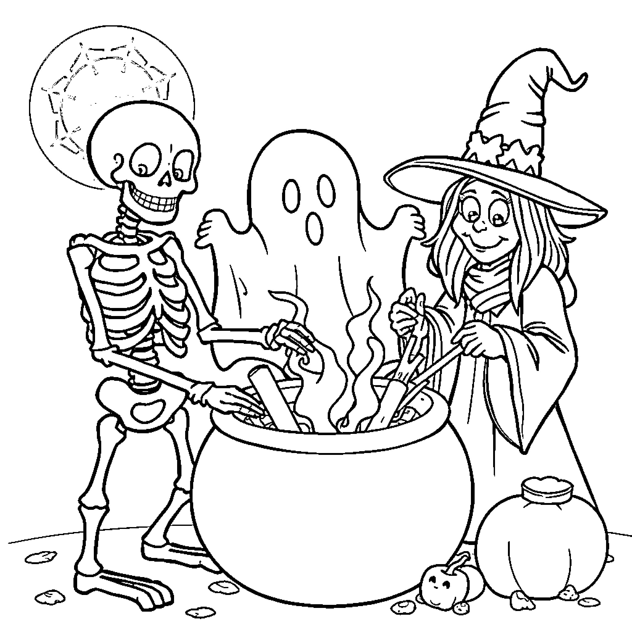 Skeleton and Witch Preparing Halloween Treats Coloring Page (free black-and-white line drawing printable PDF for all, from beginners to advanced learners, including children, teens, adults, and seniors)