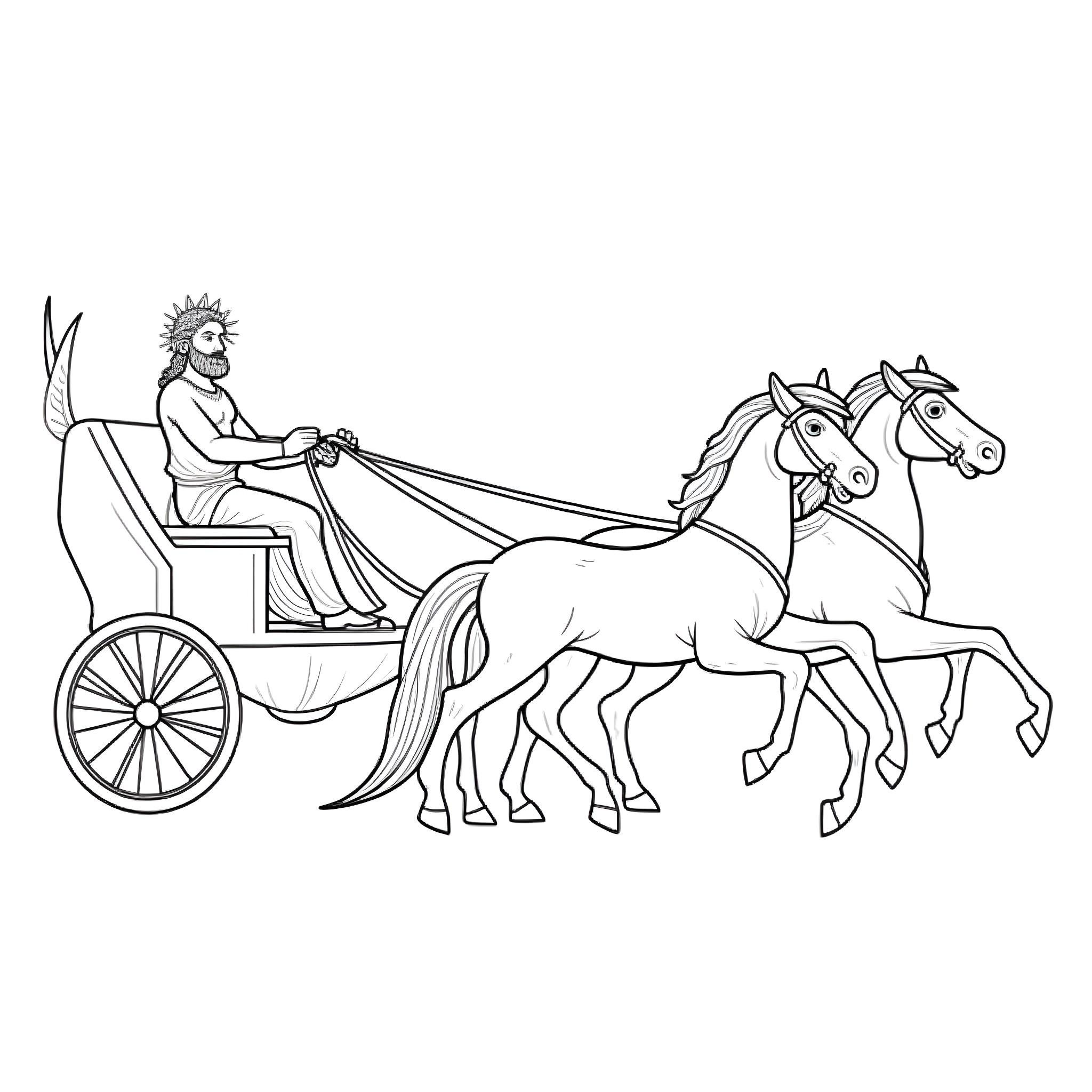Helios riding a chariot drawn by horses Coloring Page (free black-and-white line drawing printable PDF for all, from beginners to advanced learners, including children, teens, adults, and seniors)