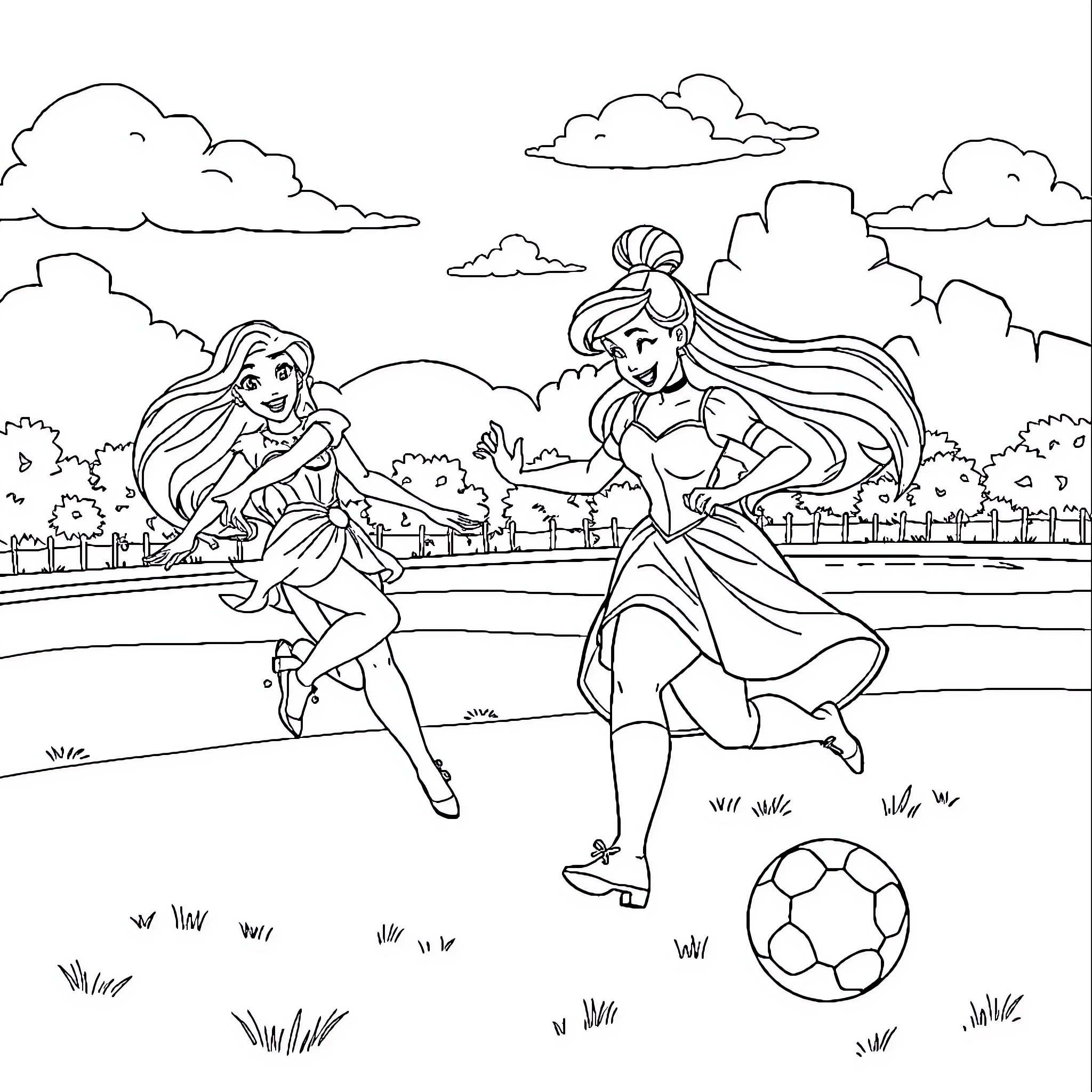 Disney Princess Sharing a Playful Moment Outdoors Coloring Page (free black-and-white line drawing printable PDF for all, from beginners to advanced learners, including children, teens, adults, and seniors)