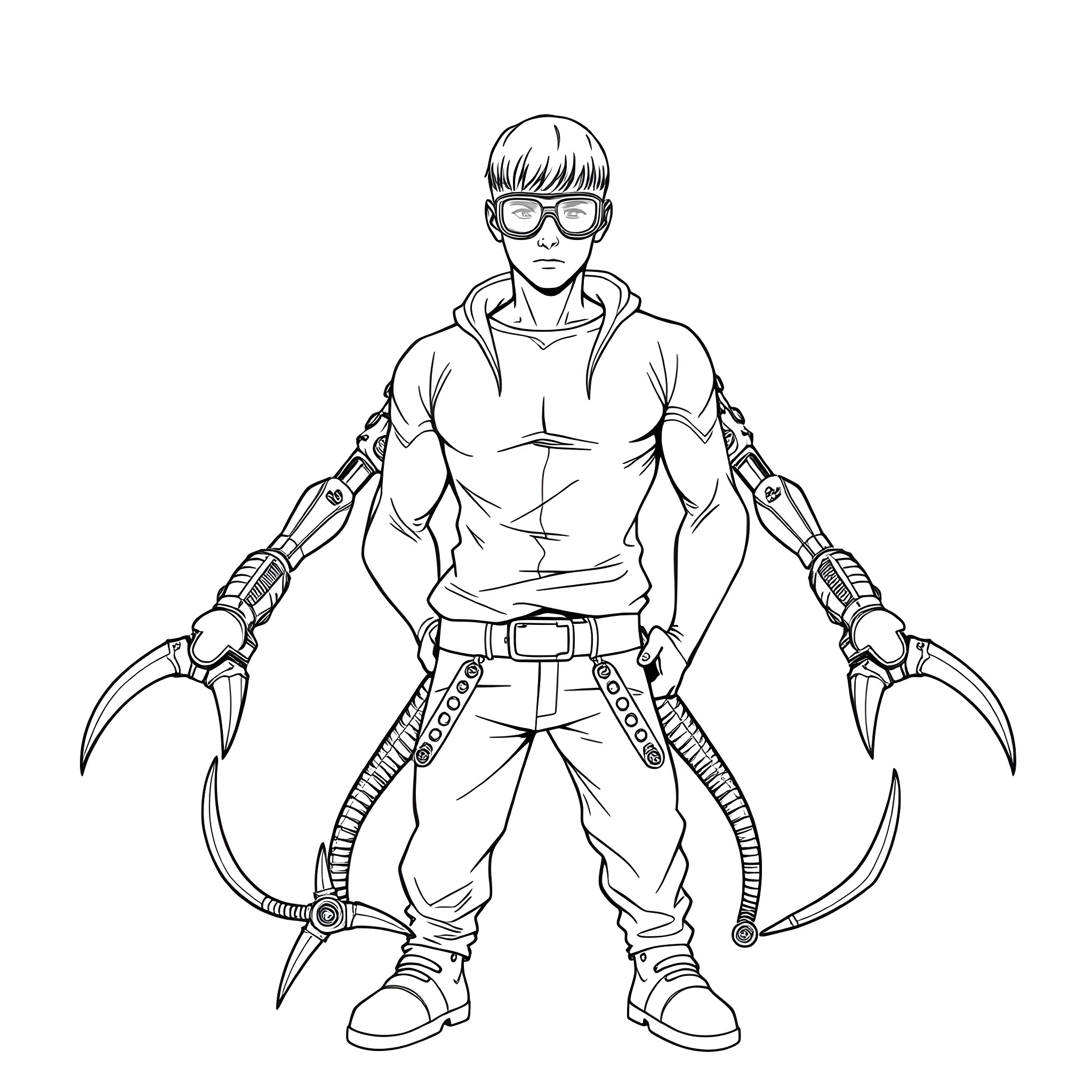 Man in futuristic gear with mechanical limbs Coloring Page (free black-and-white line drawing printable PDF for all, from beginners to advanced learners, including children, teens, adults, and seniors)