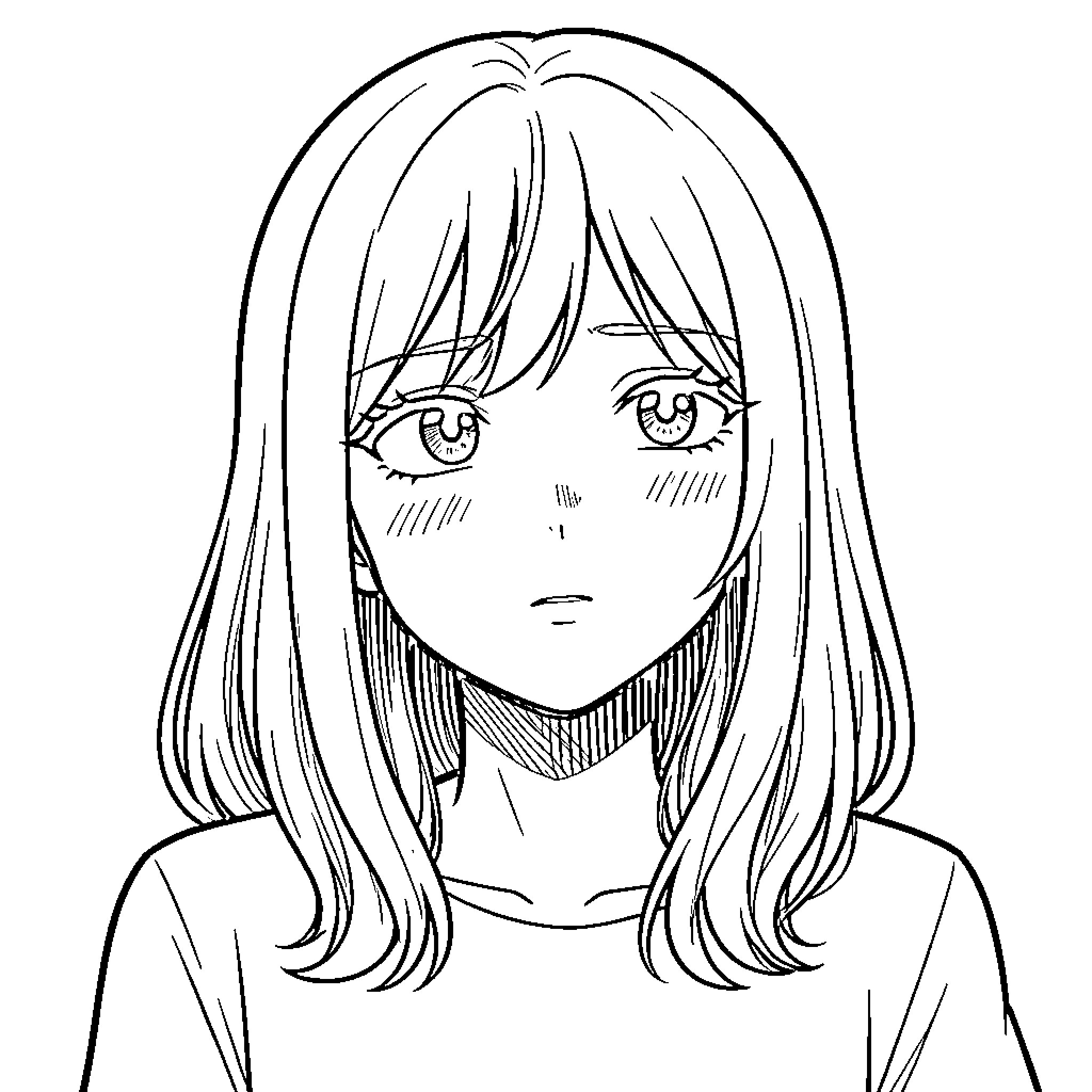 Fille with a thoughtful and melancholic expression Coloring Page (free black-and-white line drawing printable PDF for all, from beginners to advanced learners, including children, teens, adults, and seniors)
