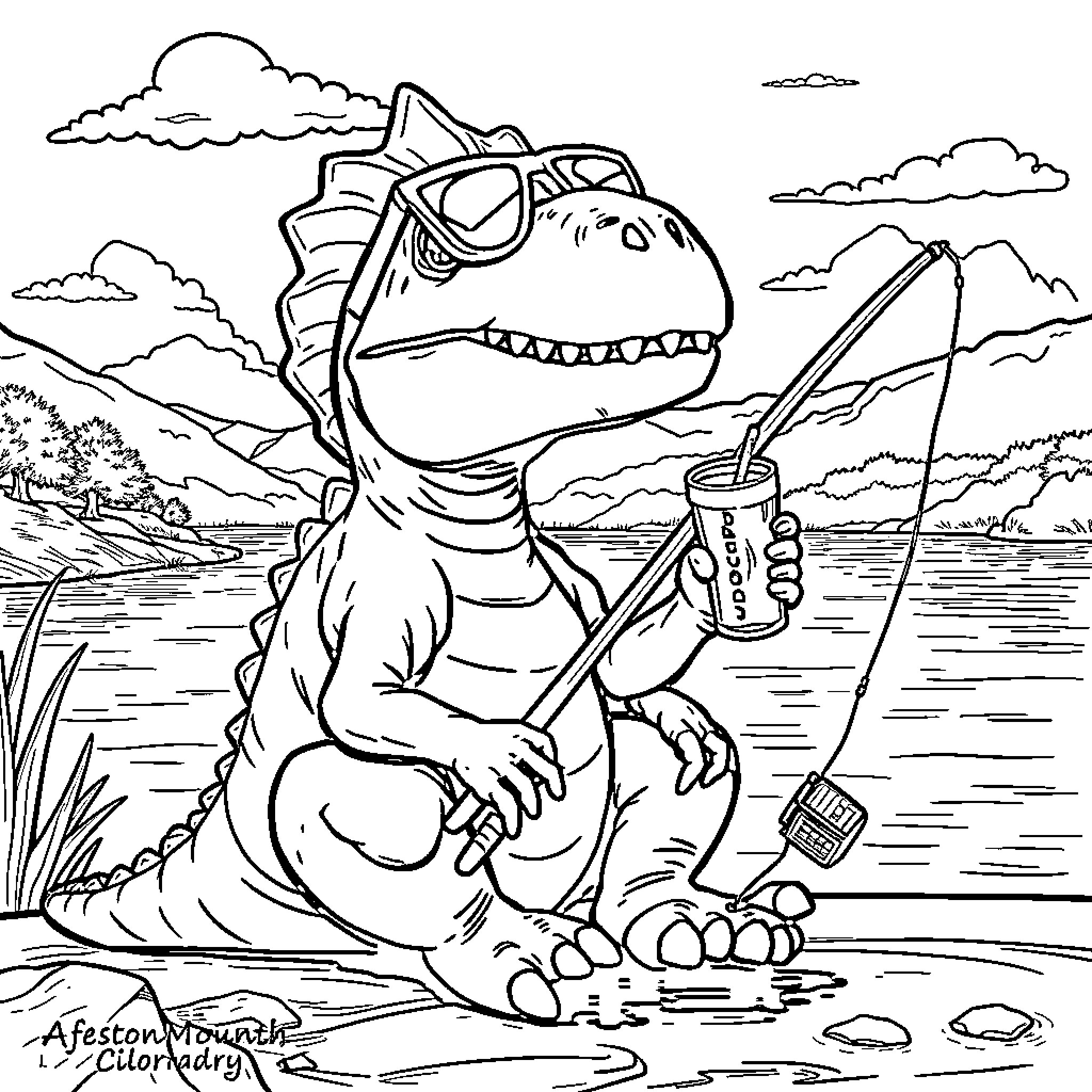 Dinosaur fishing with soda can on riverbank Coloring Page (free black-and-white line drawing printable PDF for all, from beginners to advanced learners, including children, teens, adults, and seniors)