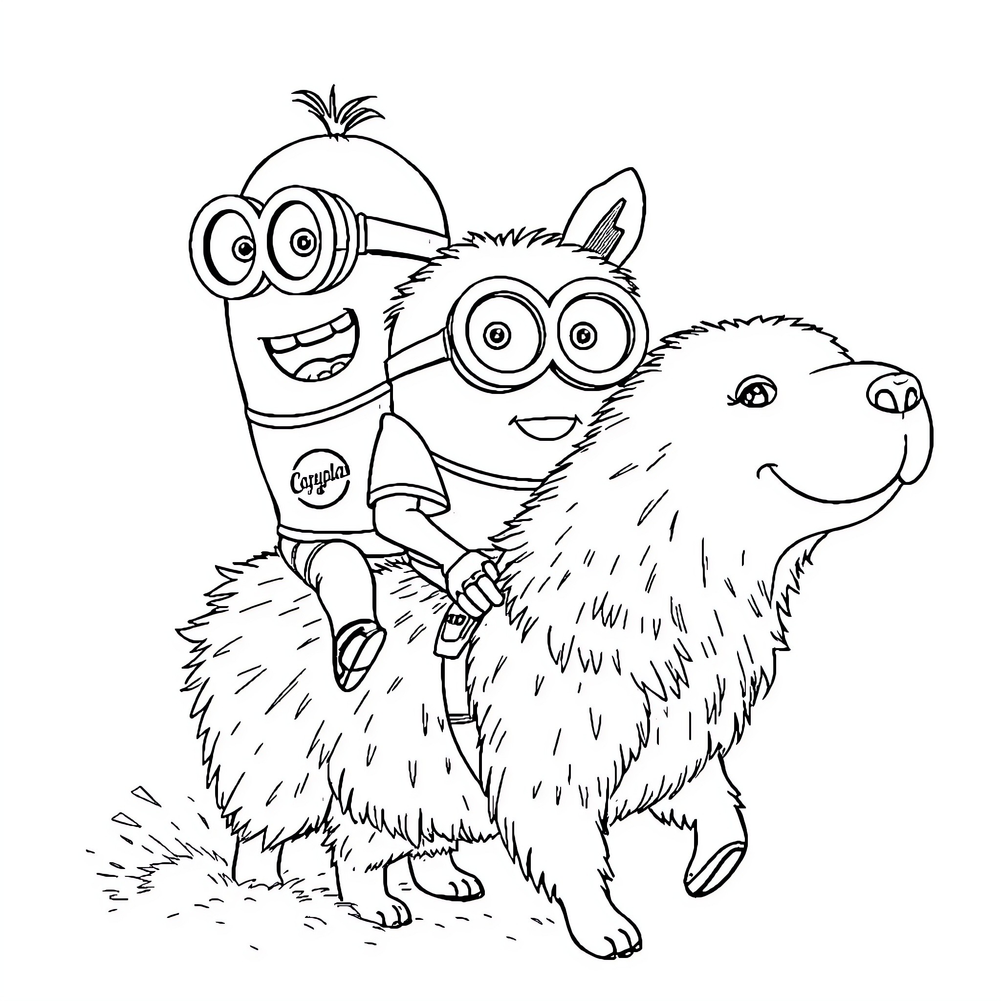 Minions riding a furry creature with big eyes Coloring Page (free black-and-white line drawing printable PDF for all, from beginners to advanced learners, including children, teens, adults, and seniors)