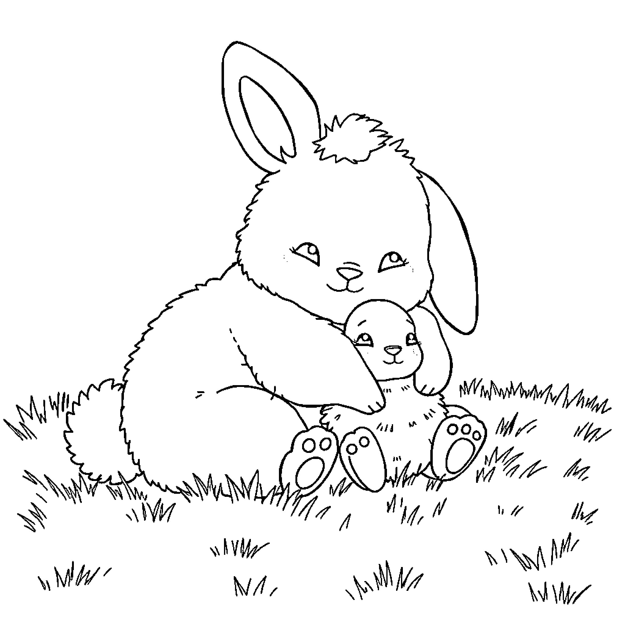 Calinours: Bunnies bonding in grassy field Coloring Page (free black-and-white line drawing printable PDF for all, from beginners to advanced learners, including children, teens, adults, and seniors)