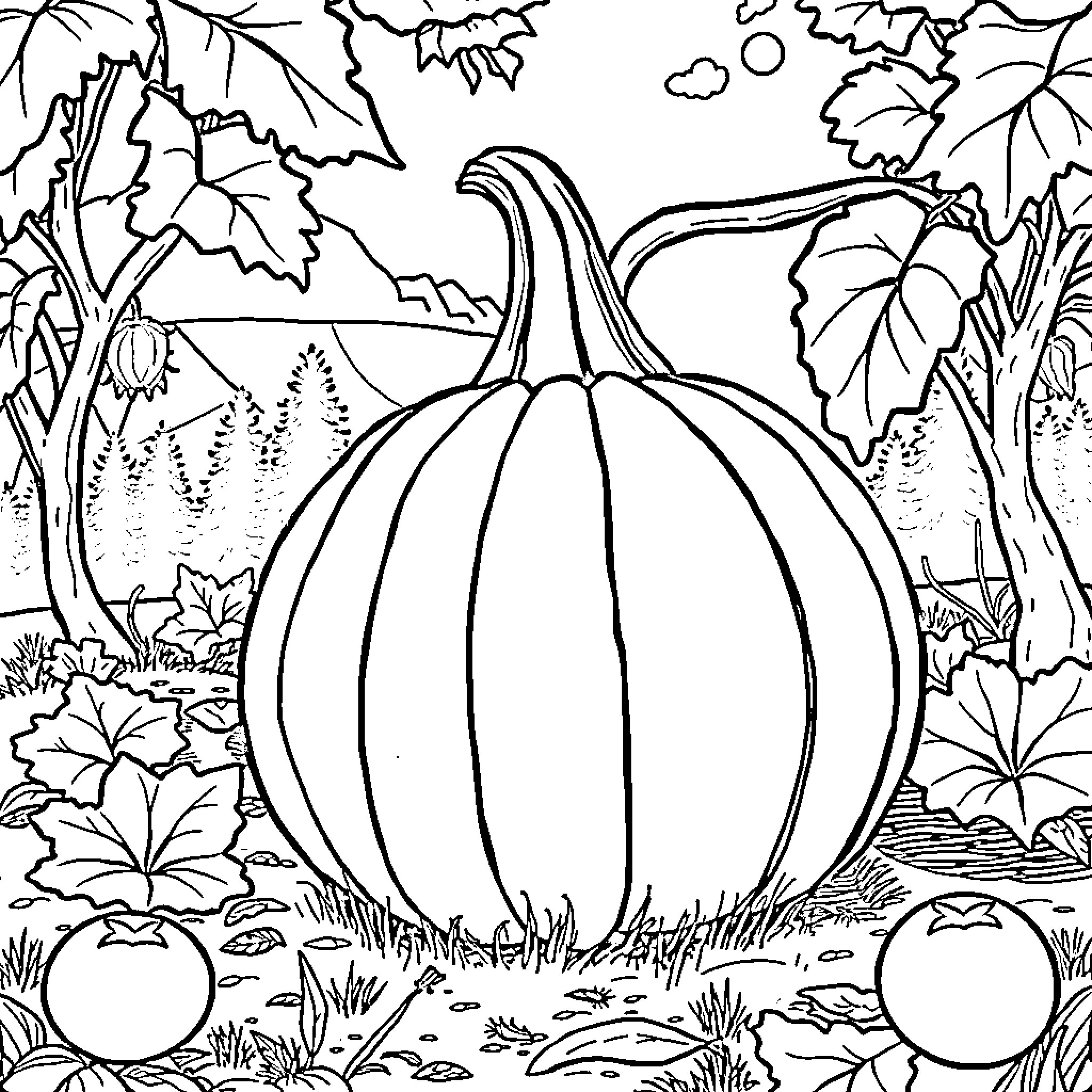 Pumpkin in autumn forest scene Coloring Page (free black-and-white line drawing printable PDF for all, from beginners to advanced learners, including children, teens, adults, and seniors)