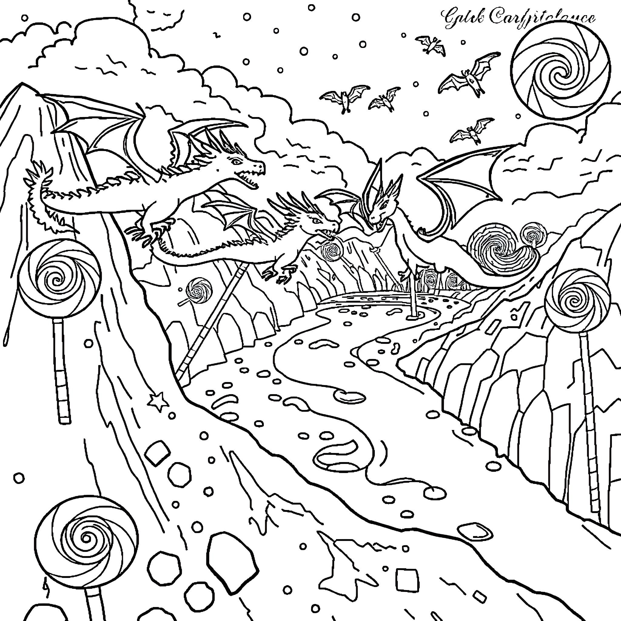 Dragon exploring a fantastical landscape Coloring Page (free black-and-white line drawing printable PDF for all, from beginners to advanced learners, including children, teens, adults, and seniors)
