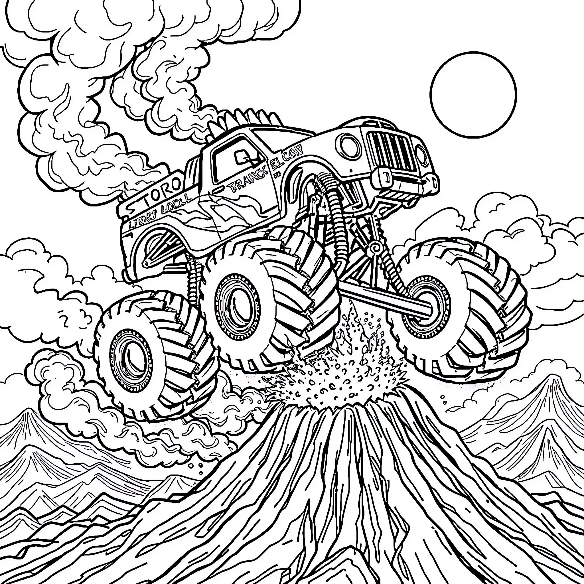 Monster Truck Jumping Over Volcanic Eruption Coloring Page (free black-and-white line drawing printable PDF for all, from beginners to advanced learners, including children, teens, adults, and seniors)