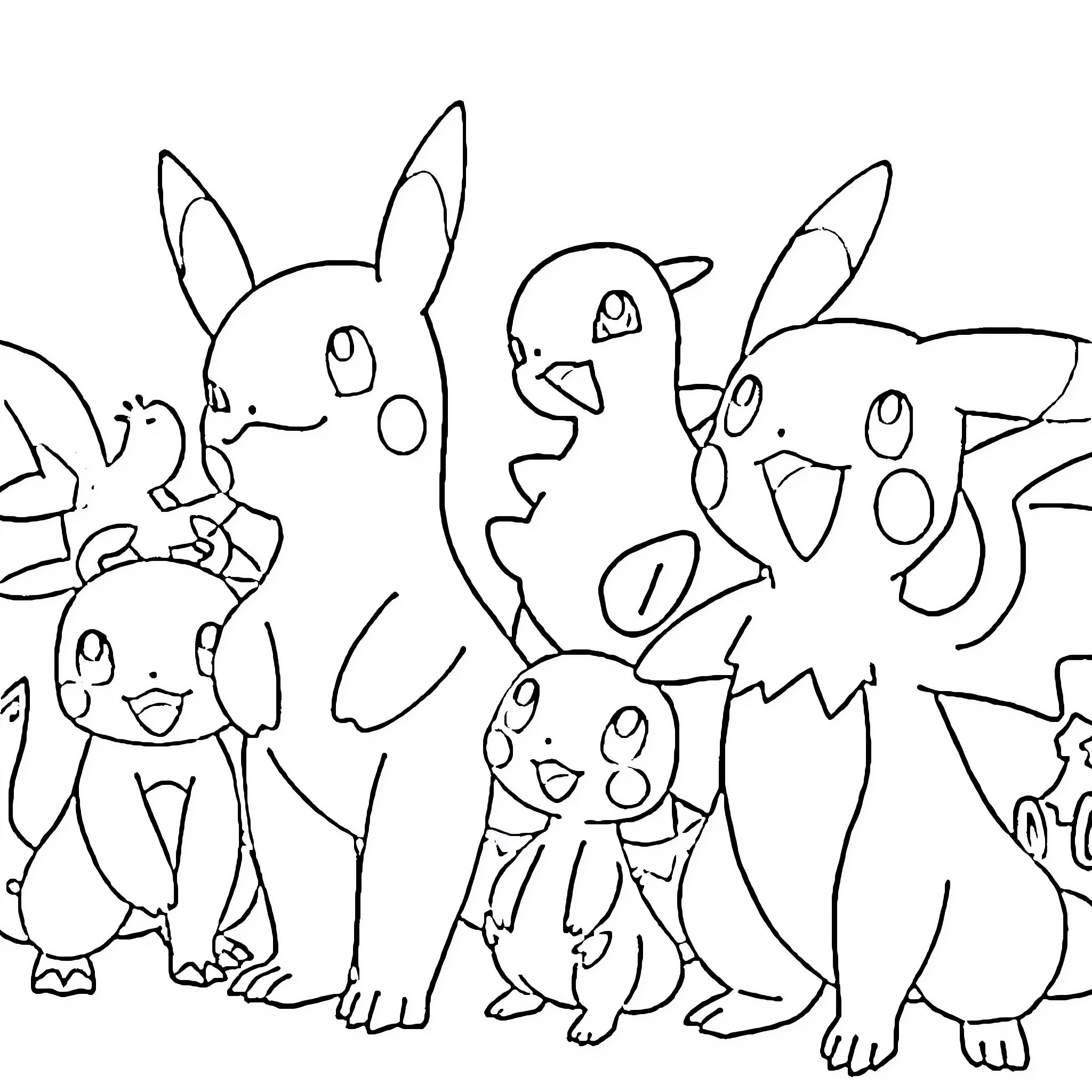 Pokémon characters in various poses and expressions Coloring Page (free black-and-white line drawing printable PDF for all, from beginners to advanced learners, including children, teens, adults, and seniors)